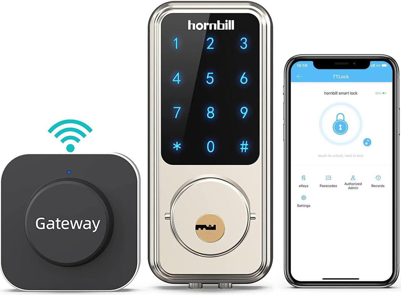 Main image of Wi-Fi & Bluetooth Smart Lock, Keyless Entry Smart Front Lock, Hornbill Touch Screen Keypads, App Control, Auto Lock, Compatible with Amazon Alexa, Remotely Control (Included G2 Gateway)