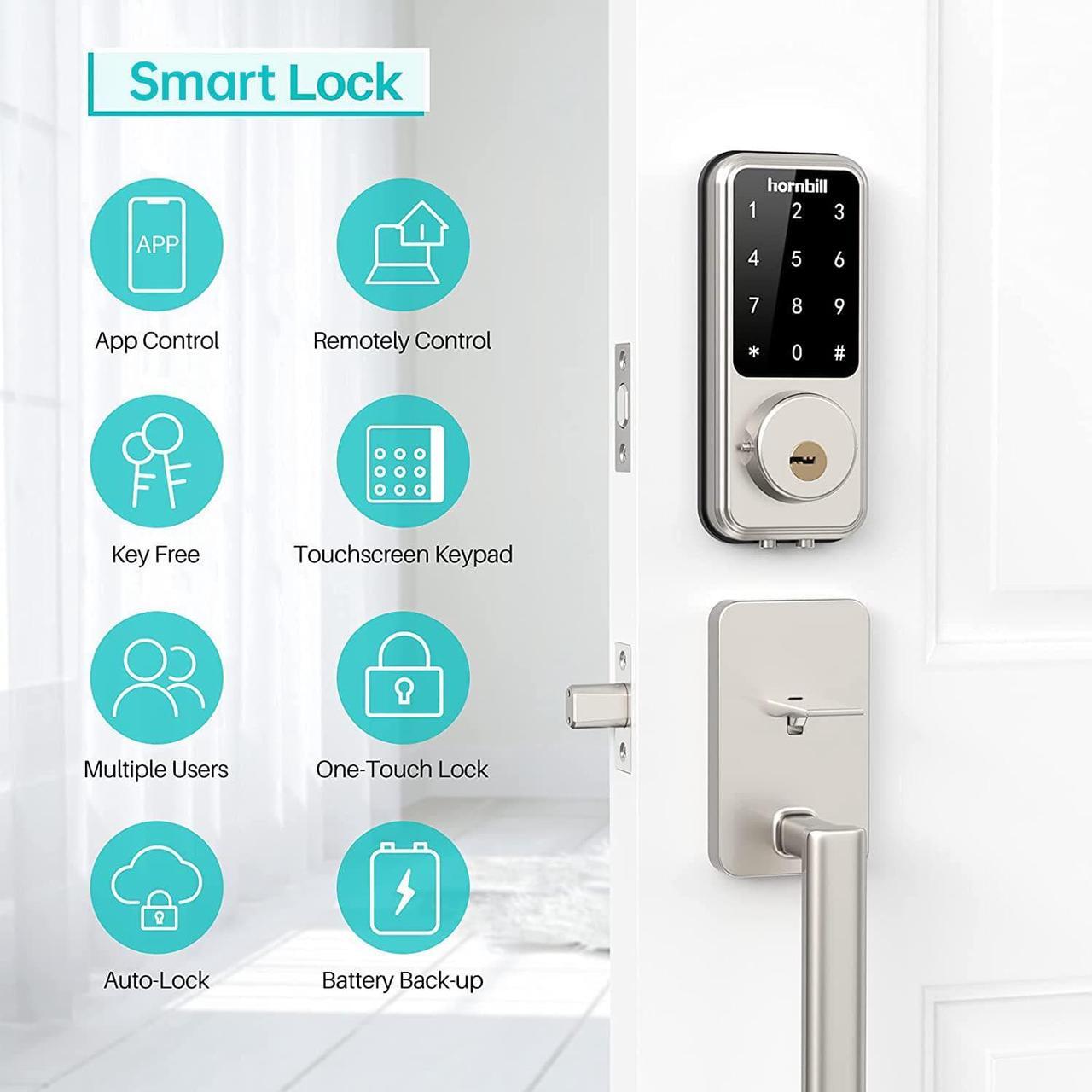Alt view image 3 of 7 - Wi-Fi & Bluetooth Smart Lock, Keyless Entry Smart Front Lock, Hornbill Touch Screen Keypads, App Control, Auto Lock, Compatible with Amazon Alexa, Remotely Control (Included G2 Gateway)