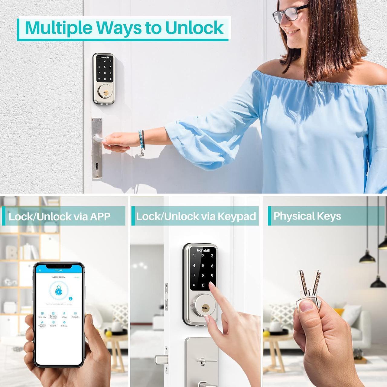 Alt view image 4 of 7 - Wi-Fi & Bluetooth Smart Lock, Keyless Entry Smart Front Lock, Hornbill Touch Screen Keypads, App Control, Auto Lock, Compatible with Amazon Alexa, Remotely Control (Included G2 Gateway)