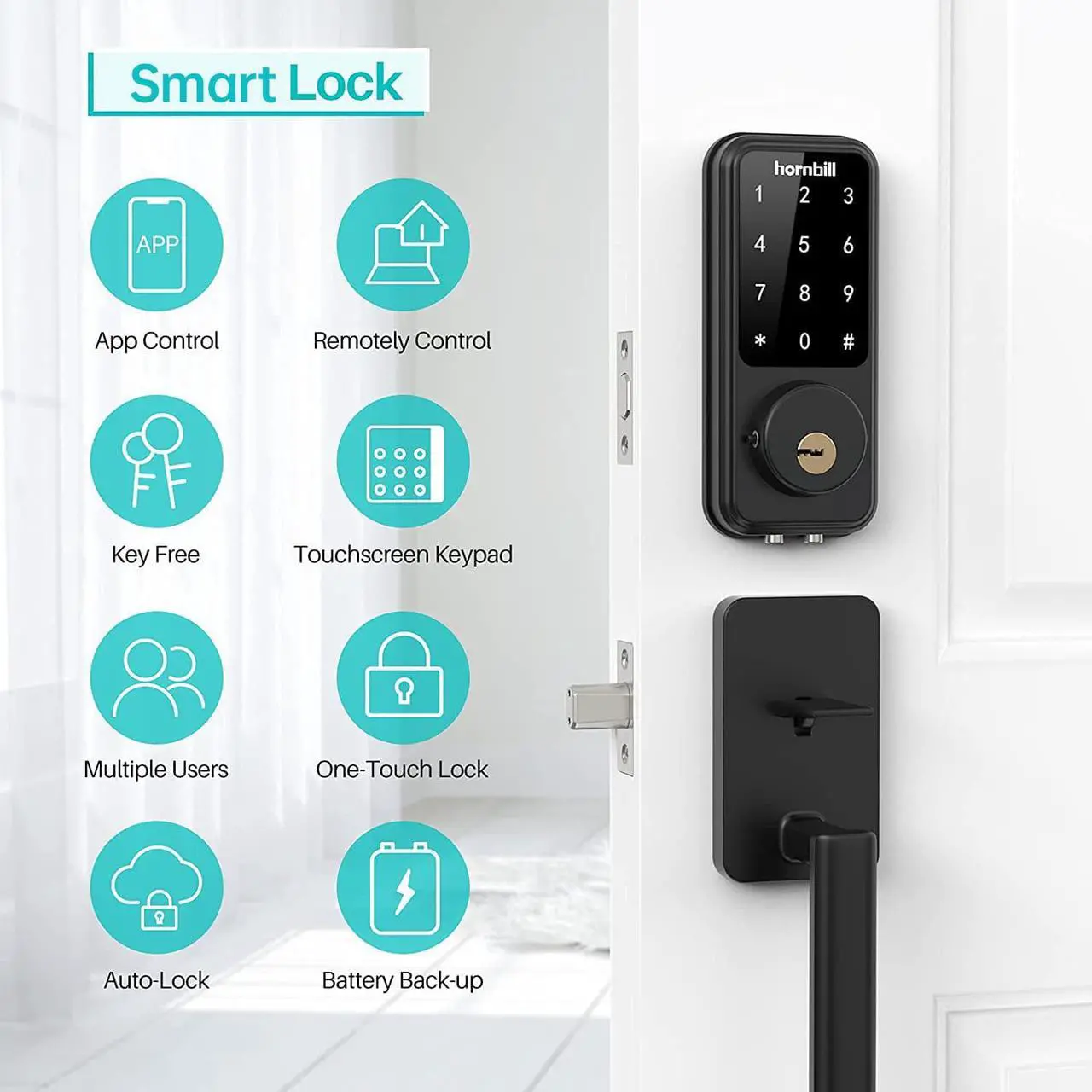Alt view image 3 of 7 - Smart Lock Keyless Entry Deadbolt Door Locks,Hornbill Smart Lock Front Door,Digital Electronic Bluetooth Deadbolt Door Lock Works with APP,Code Auto Lock for Hotel Airbnb Home(Not included G2 Gateway)