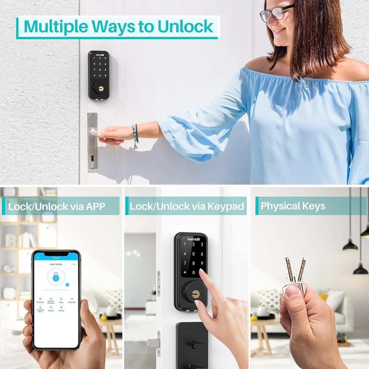Alt view image 5 of 7 - Smart Lock Keyless Entry Deadbolt Door Locks,Hornbill Smart Lock Front Door,Digital Electronic Bluetooth Deadbolt Door Lock Works with APP,Code Auto Lock for Hotel Airbnb Home(Not included G2 Gateway)