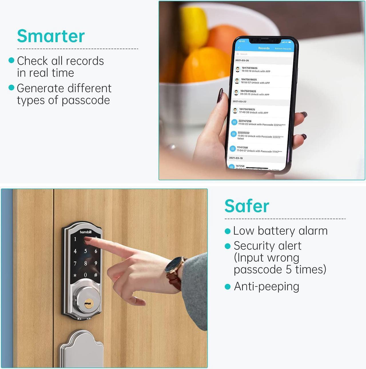 Alt view image 6 of 7 - WiFi Smart Locks Deadbolt with Keypad, Hornbill Keyless Entry Digital Front Door Lock with Gateway Hub, Bluetooth Electronic Touchscreen Auto Code Lock Work with Alexa,Free App Control for Home Office
