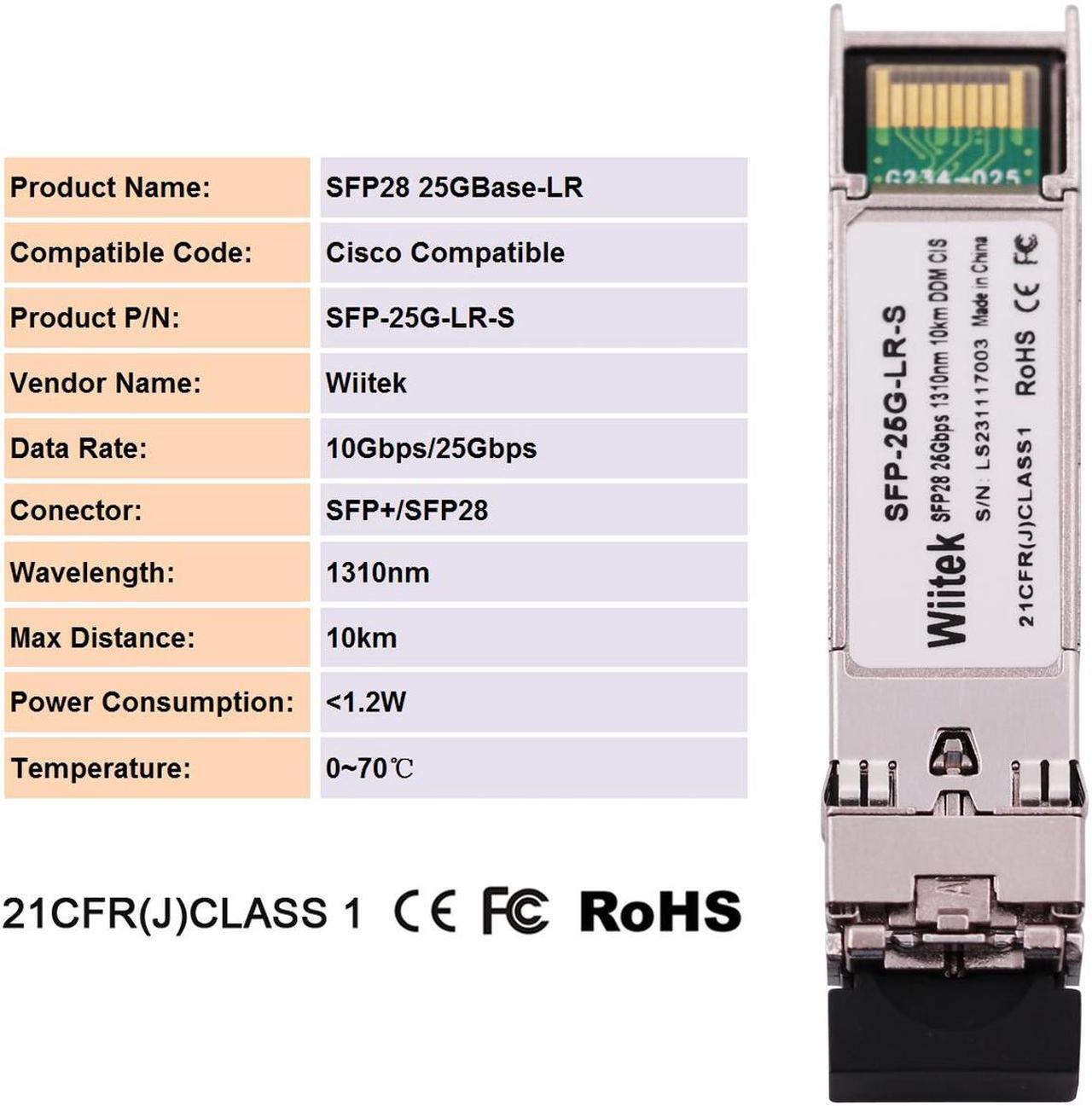 Alt view image 2 of 5 - Wiitek 25G SFP28 SFP+ Optical Transceiver, 25GBase-LR Duplex LC SMF Module, 1310nm, DDM, up to 10km for Cisco SFP-25G-LR-S, Ubiquiti UACC-OM-SFP28-LR, Netgear, Mikrotik, Unifi and More