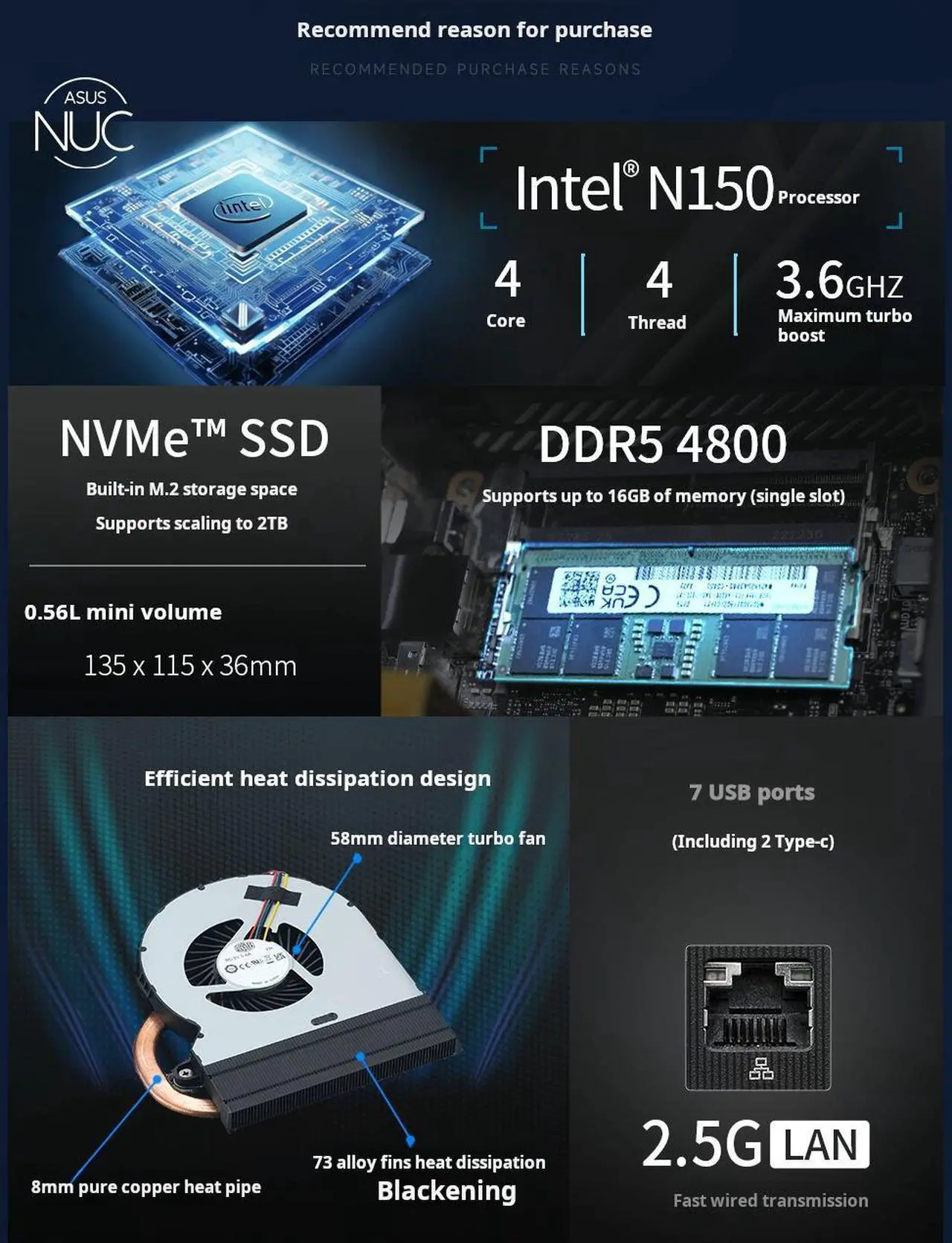 Alt view image 3 of 7 - ASUS NUC 14 Pro NUC14MNK150 Mini Desktop Computer/Mini PC/HTPC 14th Gen. Intel Twin Lake N150,Intel UHD Graphics (N97),8GB DDR5/ 512GB SSD