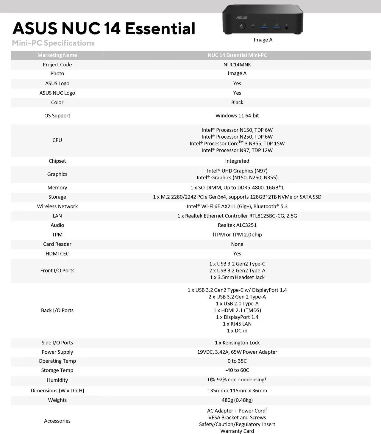 Alt view image 5 of 7 - ASUS NUC 14 Pro NUC14MNK150 Mini Desktop Computer/Mini PC/HTPC 14th Gen. Intel Twin Lake N150,Intel UHD Graphics (N97),8GB DDR5/ 512GB SSD