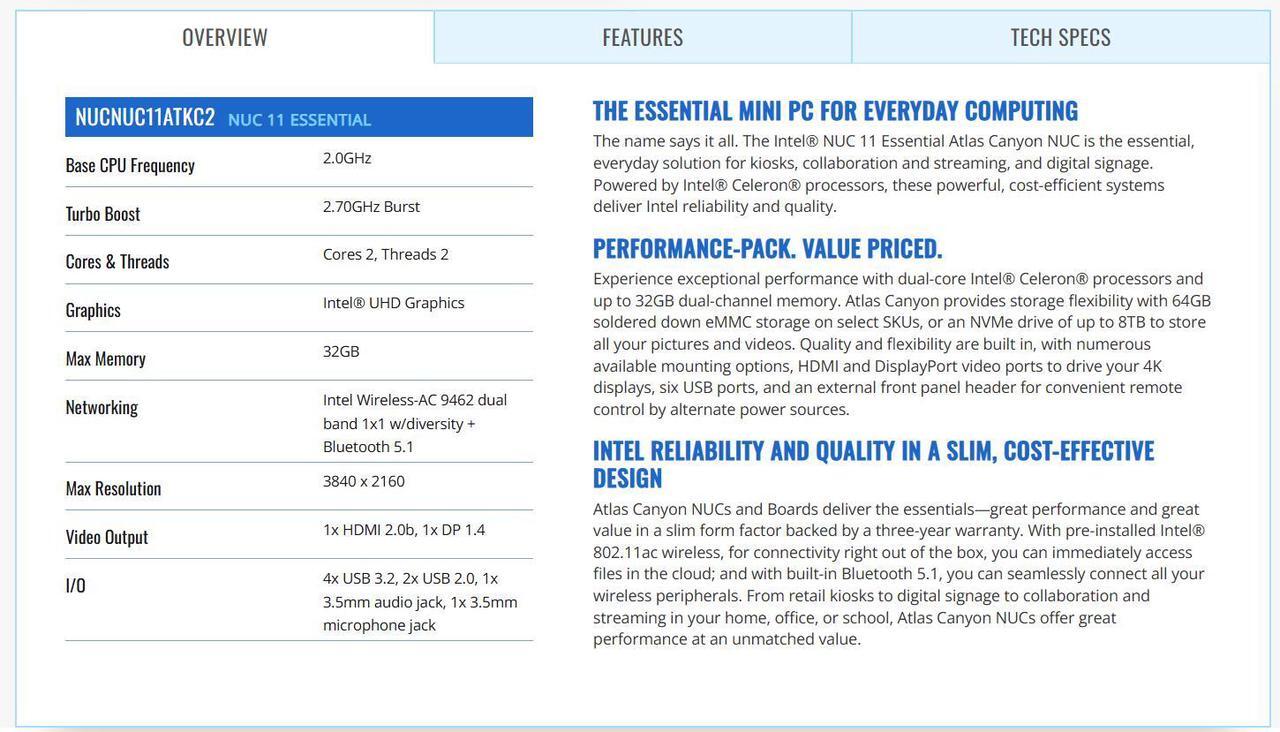 Alt view image 5 of 7 - Intel NUC 11 Essential Atlas Canyon Intel Celeron Processor N4505 NUC11ATKC2 Mini PC 2.0 GHz - 2.9 GHz Burst, 2 core, 2 Thread, 10W,Intel UHD Graphics, 450-750 MHz Burst,8GB RAM / 256GB SSD