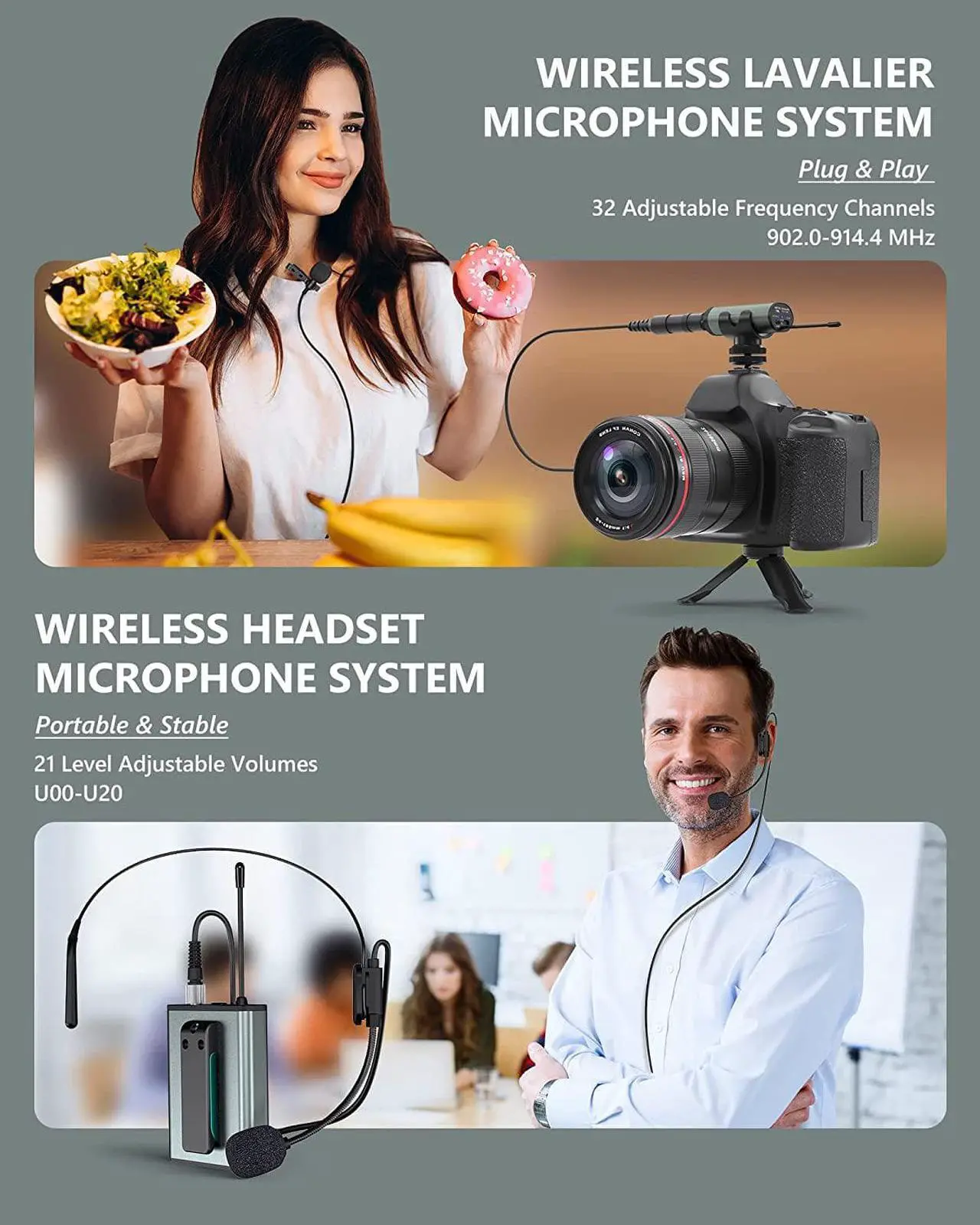Alt view image 3 of 7 - Wireless Microphone System Headset Mic/Stand Mic/Lavalier Lapel Mic with Rechargeable Bodypack Transmitter & Receiver 1/4" Output for iPhone, PA Speaker, DSLR Camera, Recording, Teaching, Church, Vlog
