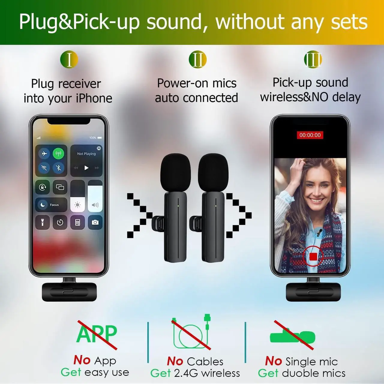 Alt view image 3 of 7 - 2 Pack Wireless Mini Lavalier Lapel Microphone for iPhone,iPad - Cordless Double Mics Plug and Pick-up 2.4G Ultra-Low Delay Built-in Noise Reduction Chip 5H Long Working Time for Two-Person Creator