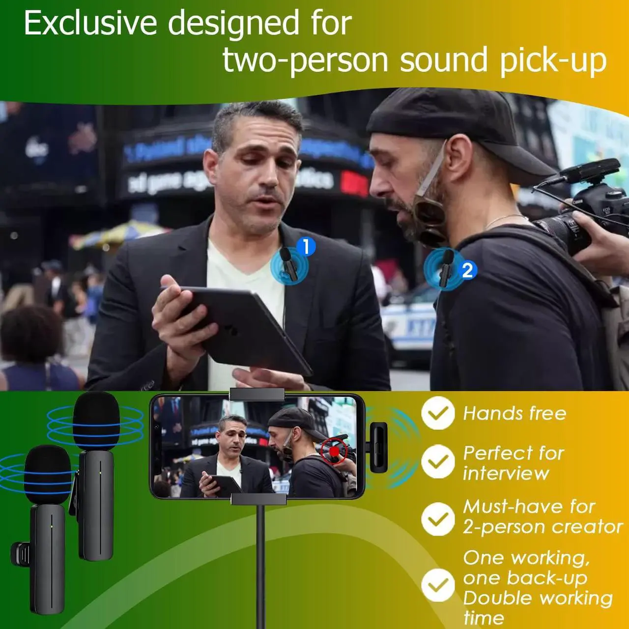 Alt view image 2 of 7 - 2 Pack Wireless Mini Lavalier Lapel Microphone for iPhone,iPad - Cordless Double Mics Plug and Pick-up 2.4G Ultra-Low Delay Built-in Noise Reduction Chip 5H Long Working Time for Two-Person Creator