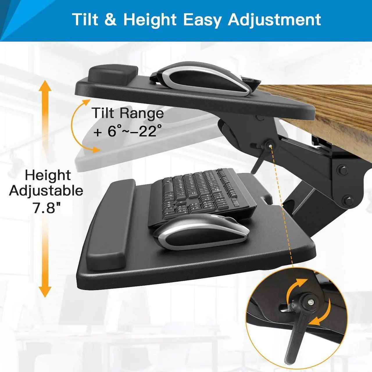 Main image of Keyboard Tray Under Desk, 360 Adjustable Ergonomic Sliding Keyboard & Mouse Tray, 25" W x 9.8" D, Black