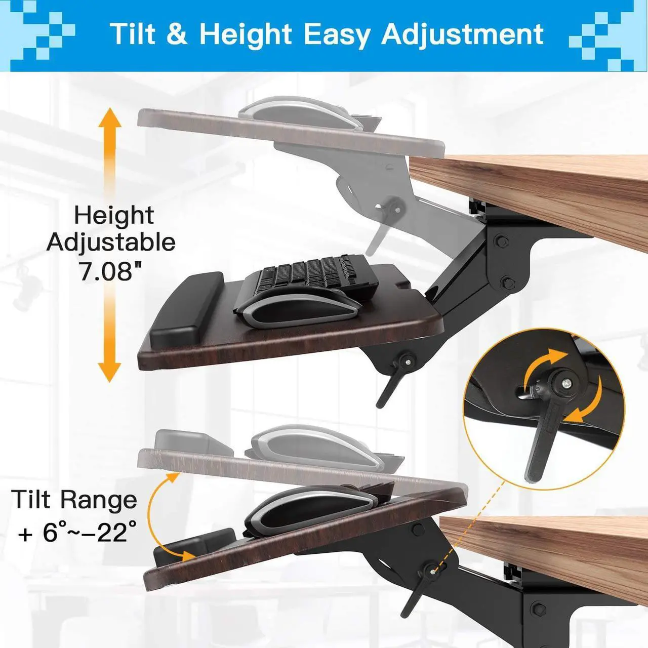 Alt view image 2 of 7 - Keyboard Tray Under Desk,360 Adjustable Ergonomic Sliding Keyboard & Mouse Tray, 25" W x 9.8" D, Brown
