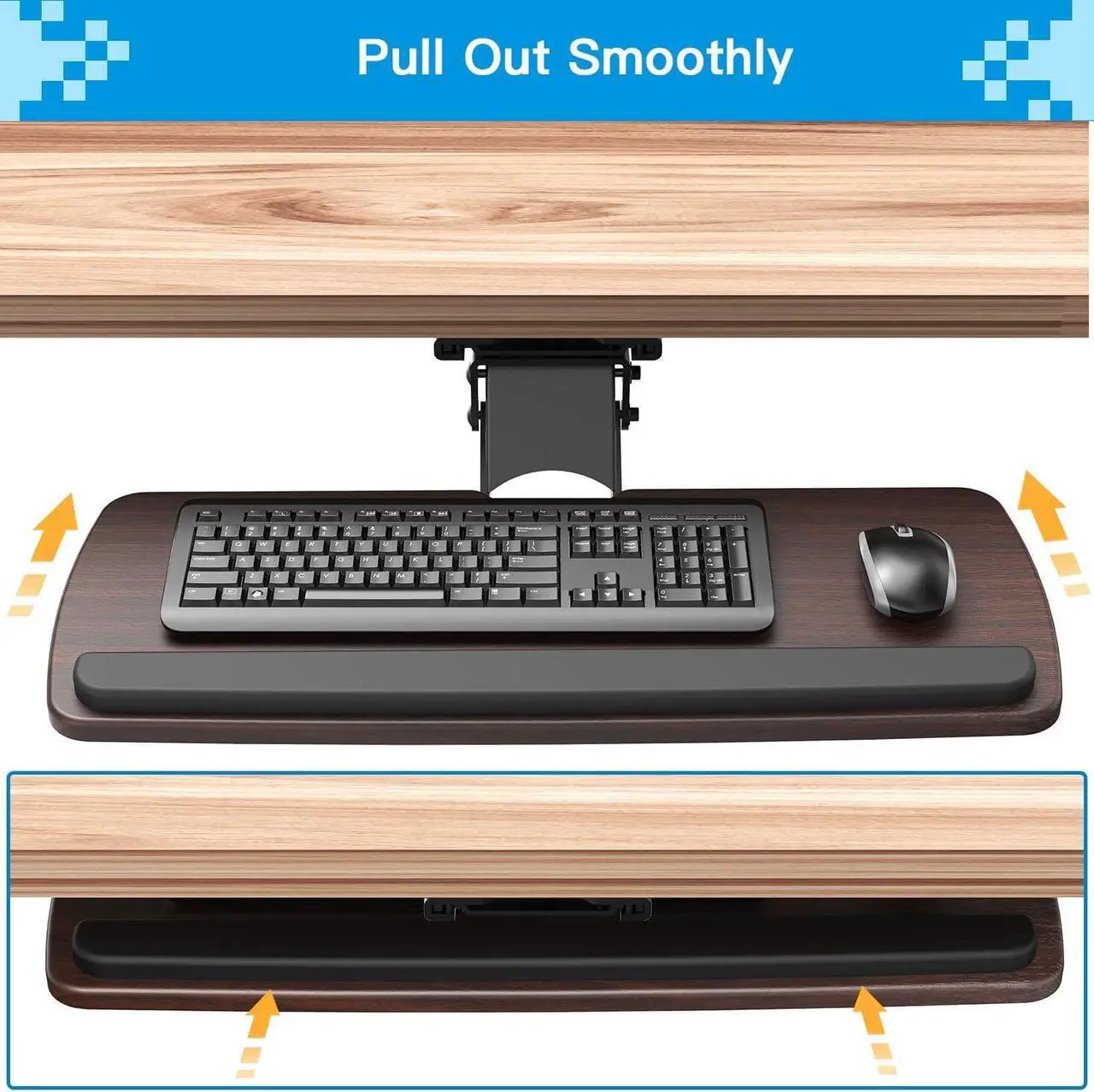 Alt view image 4 of 7 - Keyboard Tray Under Desk,360 Adjustable Ergonomic Sliding Keyboard & Mouse Tray, 25" W x 9.8" D, Brown