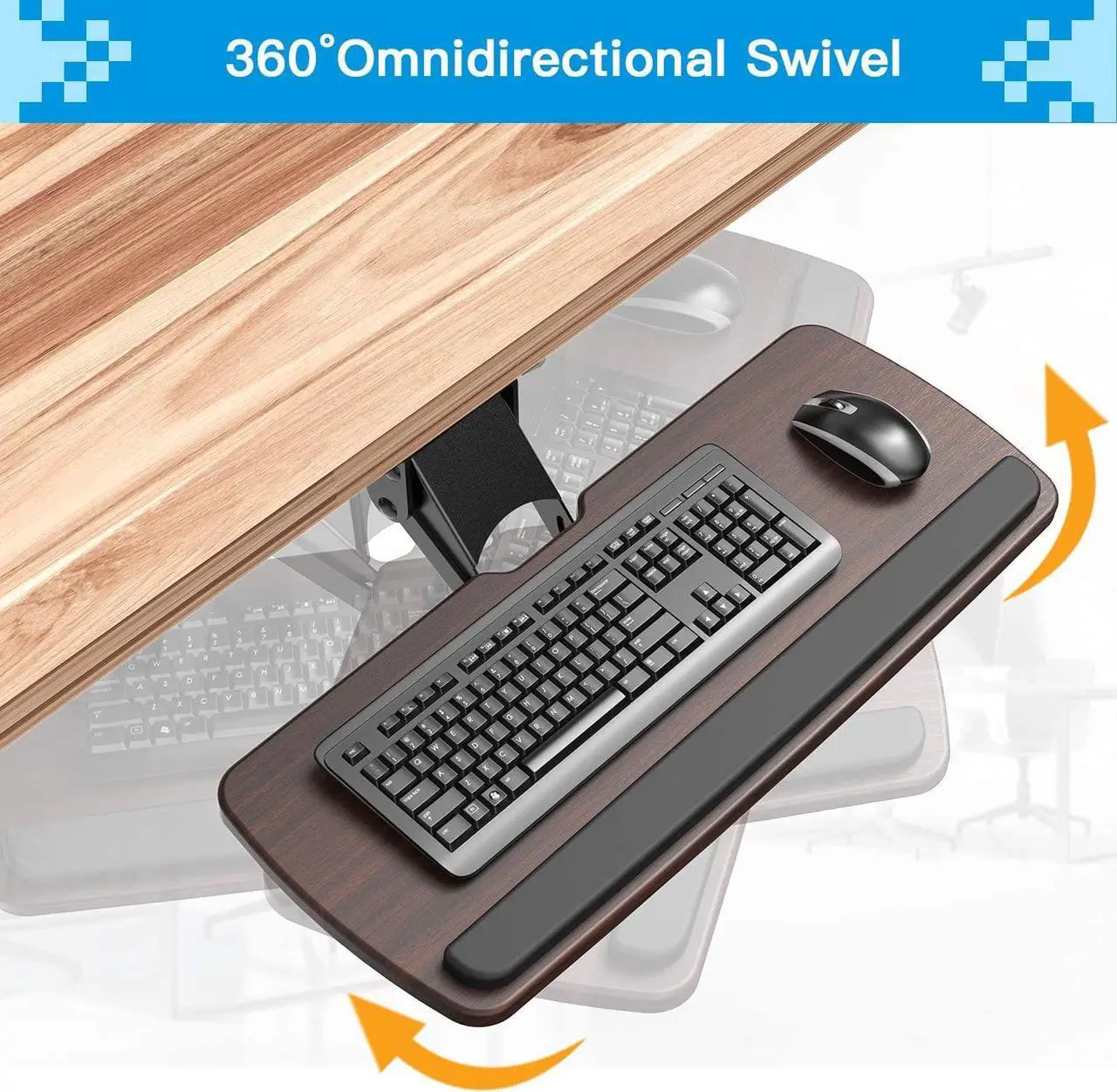 Alt view image 3 of 7 - Keyboard Tray Under Desk,360 Adjustable Ergonomic Sliding Keyboard & Mouse Tray, 25" W x 9.8" D, Brown