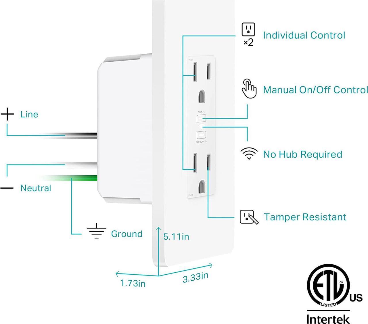 Alt view image 3 of 7 - Kasa Smart Plug KP200, In-Wall Smart Home Wi-Fi Outlet Works with Alexa, Google Home & IFTTT, No Hub Required, Remote Control, ETL Certified , White, 1 Pack