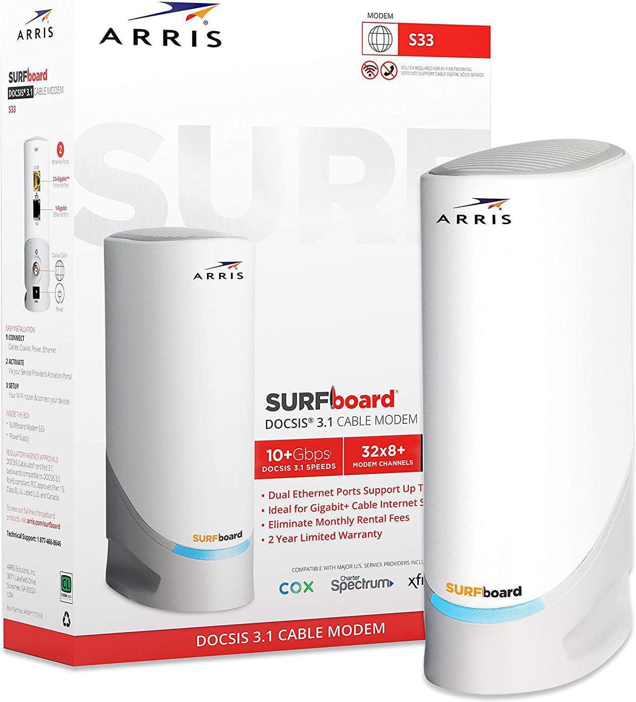 Main image of ARRIS Surfboard S33 DOCSIS 3.1 Multi-Gigabit Cable Modem | Approved for Comcast Xfinity, Cox, Spectrum & More | 1 & 2.5 Gbps Ports | 2.5 Gbps Max Internet Speeds | 4 OFDM Channels