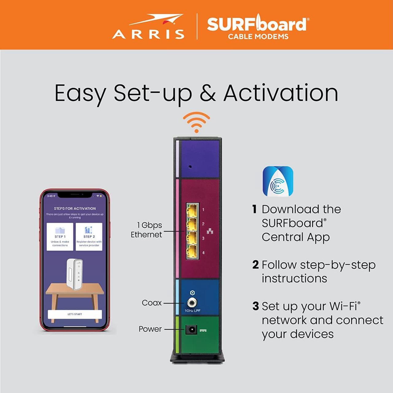 Alt view image 6 of 7 - ARRIS SURFboard SBG7400AC2 DOCSIS 3.0 Cable Modem & AC2350 Wi-Fi Router | Approved for Comcast Xfinity, Cox, Charter Spectrum & more | Four 1 Gbps Ports | 800 Mbps Max Internet Speeds 2 Year Warranty