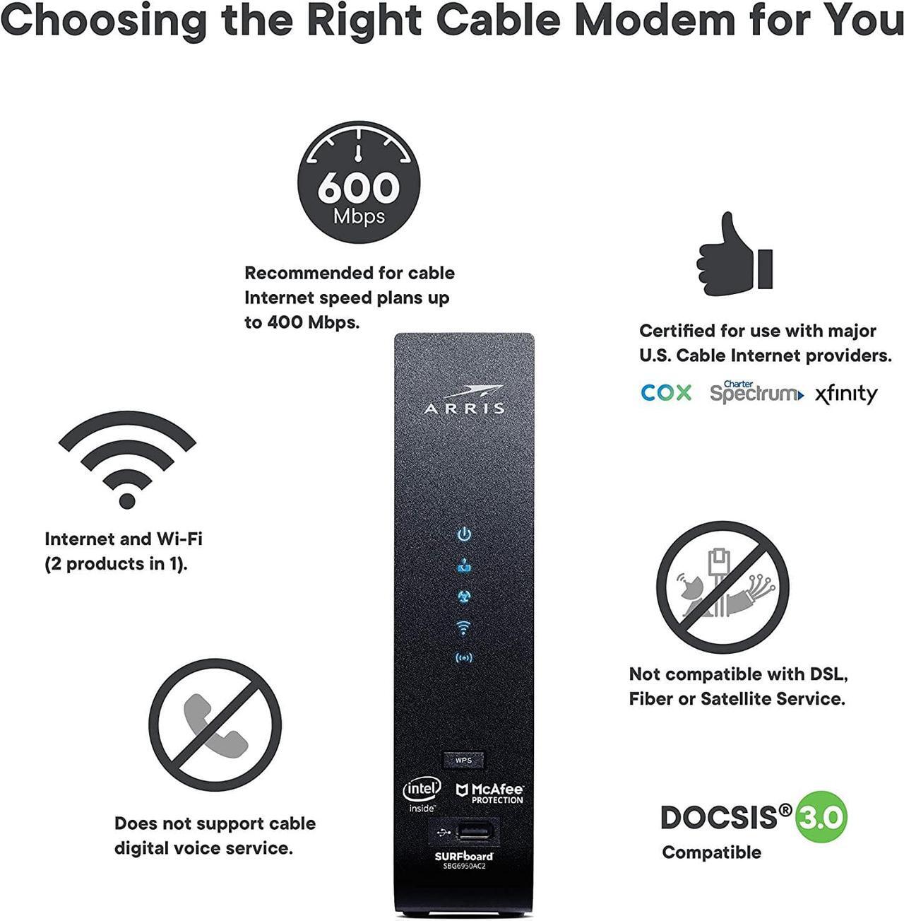 Alt view image 7 of 7 - ARRIS SURFboard SBG7400AC2 DOCSIS 3.0 Cable Modem & AC2350 Wi-Fi Router | Approved for Comcast Xfinity, Cox, Charter Spectrum & more | Four 1 Gbps Ports | 800 Mbps Max Internet Speeds 2 Year Warranty