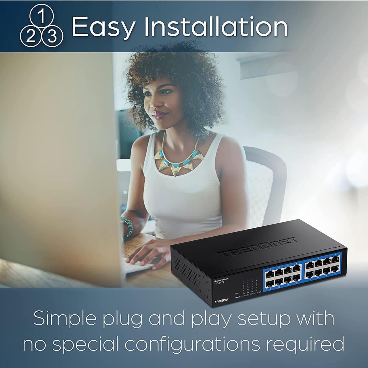 Alt view image 3 of 7 - TRENDnet 16-Port Gigabit Desktop Switch, TEG-S17D, 16 x Gigabit RJ-45 Ports, 32Gbps Switching Capacity, Fanless Design, Metal Enclosure, Internal Power Supply, Lifetime Protection, Black