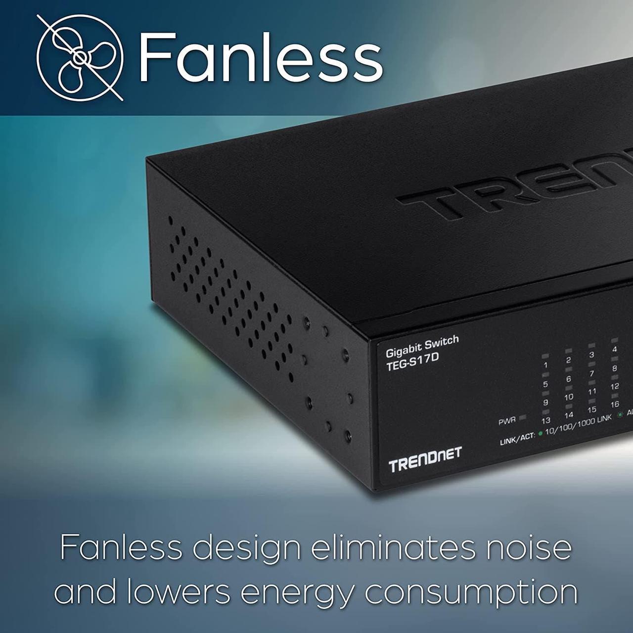 Alt view image 4 of 7 - TRENDnet 16-Port Gigabit Desktop Switch, TEG-S17D, 16 x Gigabit RJ-45 Ports, 32Gbps Switching Capacity, Fanless Design, Metal Enclosure, Internal Power Supply, Lifetime Protection, Black