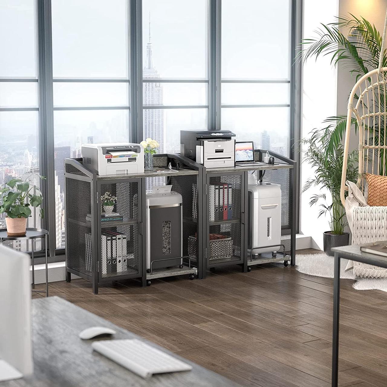 Alt view image 6 of 6 - Unikito Office File Cabinets for Home Office with Power Outlet and Door, Large Printer Stand and Paper Shredder Stand Rack with File Cabinet, Modern Printer Cabinet, Office Storage Cabinet, Black Oak
