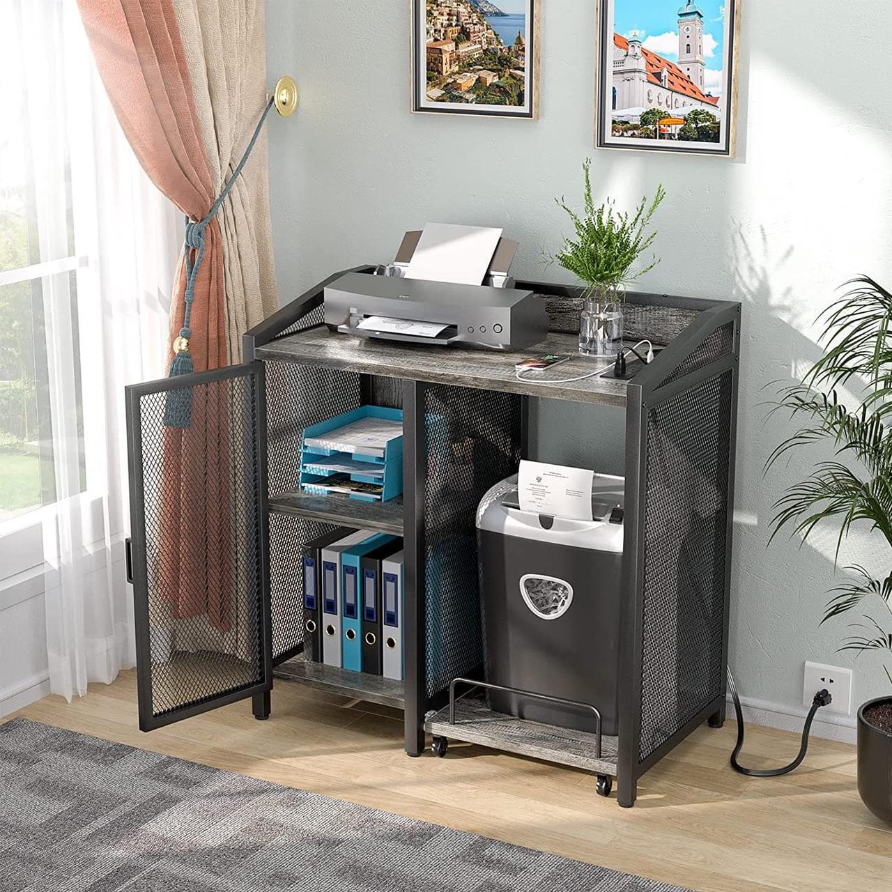 Alt view image 4 of 6 - Unikito Office File Cabinets for Home Office with Power Outlet and Door, Large Printer Stand and Paper Shredder Stand Rack with File Cabinet, Modern Printer Cabinet, Office Storage Cabinet, Black Oak