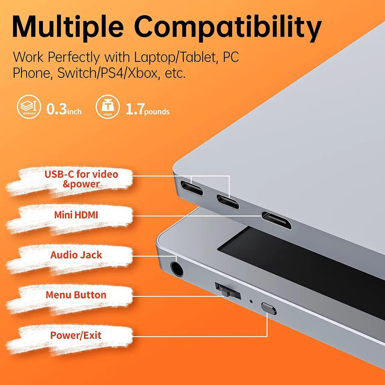 Alt view image 3 of 7 - Portable Monitor15.6 inch 1080P FHD HDR USB-C Portable Screen Dual Type-C Mini HDMI IPS FreeSync Computer Display with Speakers for Laptop PC Mac Surface Xbox Switch PS4/5 with Smart Cover