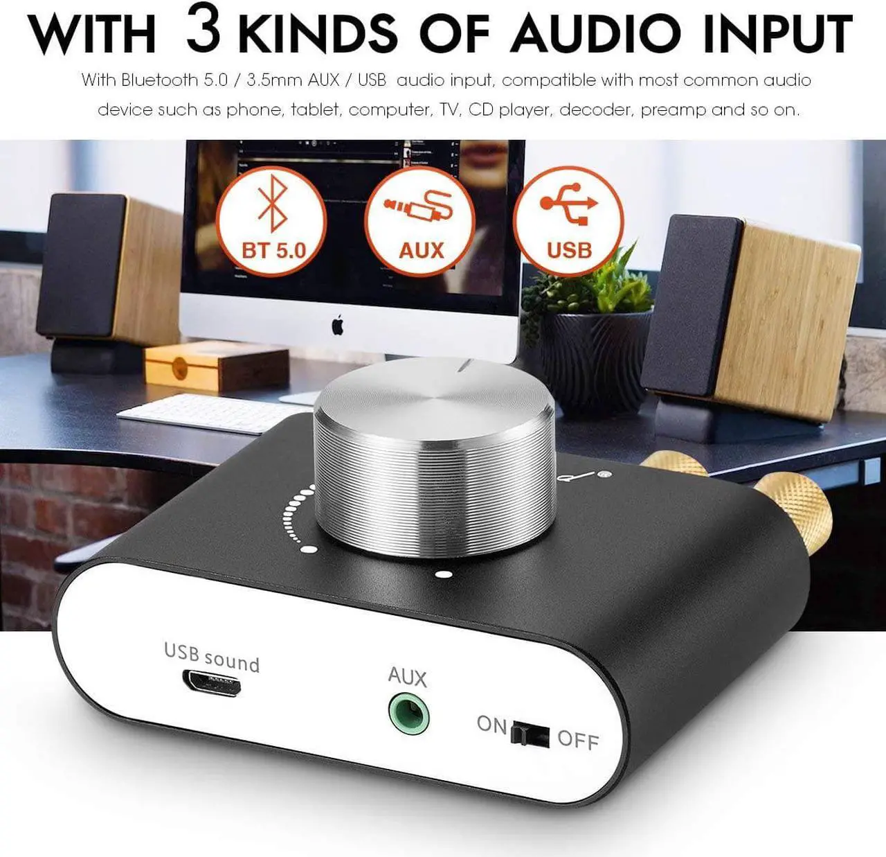 Alt view image 3 of 7 - Mini Bluetooth 5.0 Power Amplifier, Stereo Hi-Fi Digital Amp 2.0 Channel 50W×2 with AUX/USB/Bluetooth Input, Wireless Audio Receiver, PC Sound Card with Power Supply (Black)
