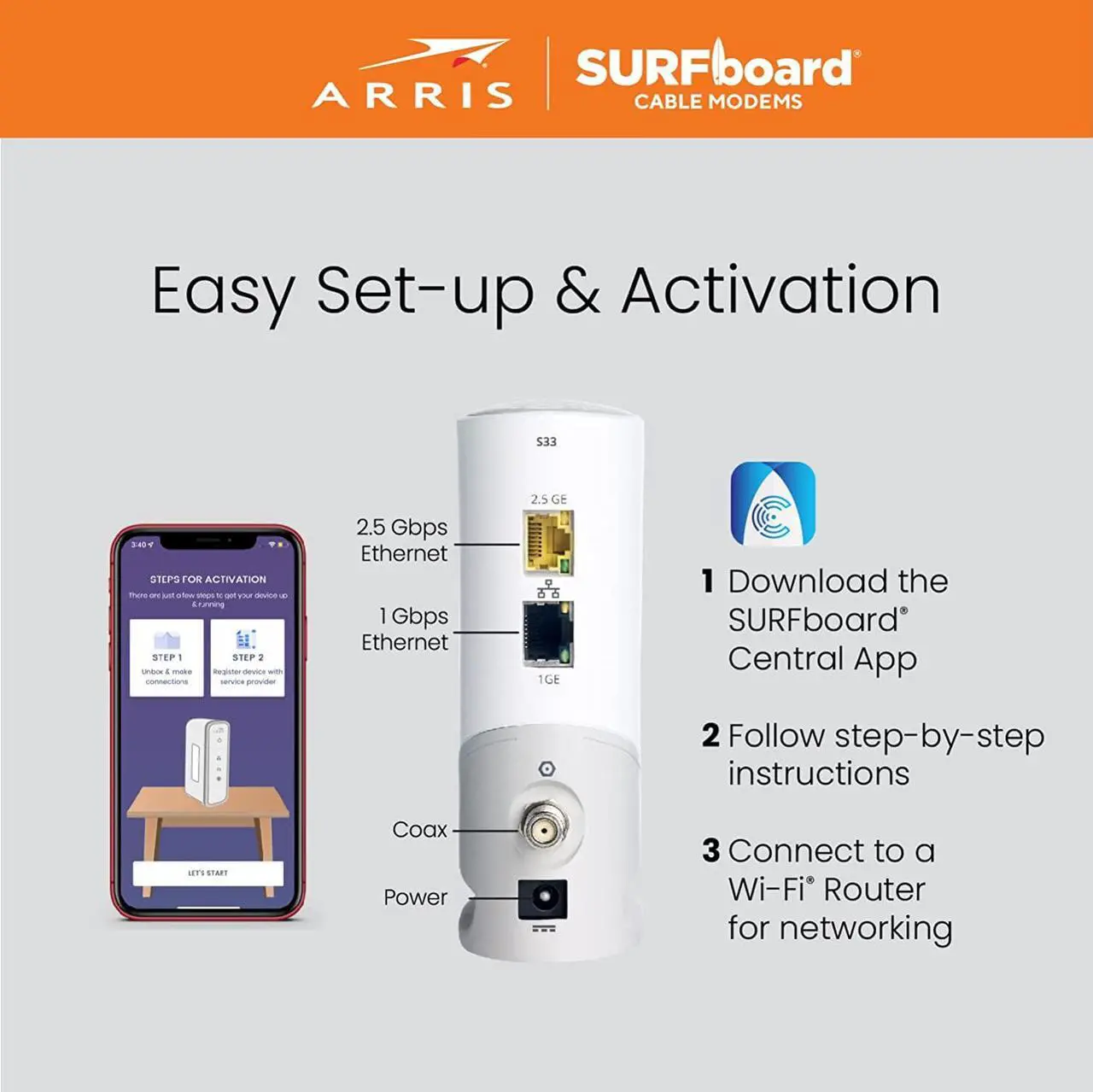 Alt view image 5 of 6 - ARRIS Surfboard S33 DOCSIS Surfboard S33 DOCSIS 3.1 Multi-Gigabit Cable Modem | Approved for Comcast Xfinity, Cox, Spectrum & More | 1 & 2.5 Gbps Ports | 2.5 Gbps Max Internet Speeds | 4 OFDM Channels