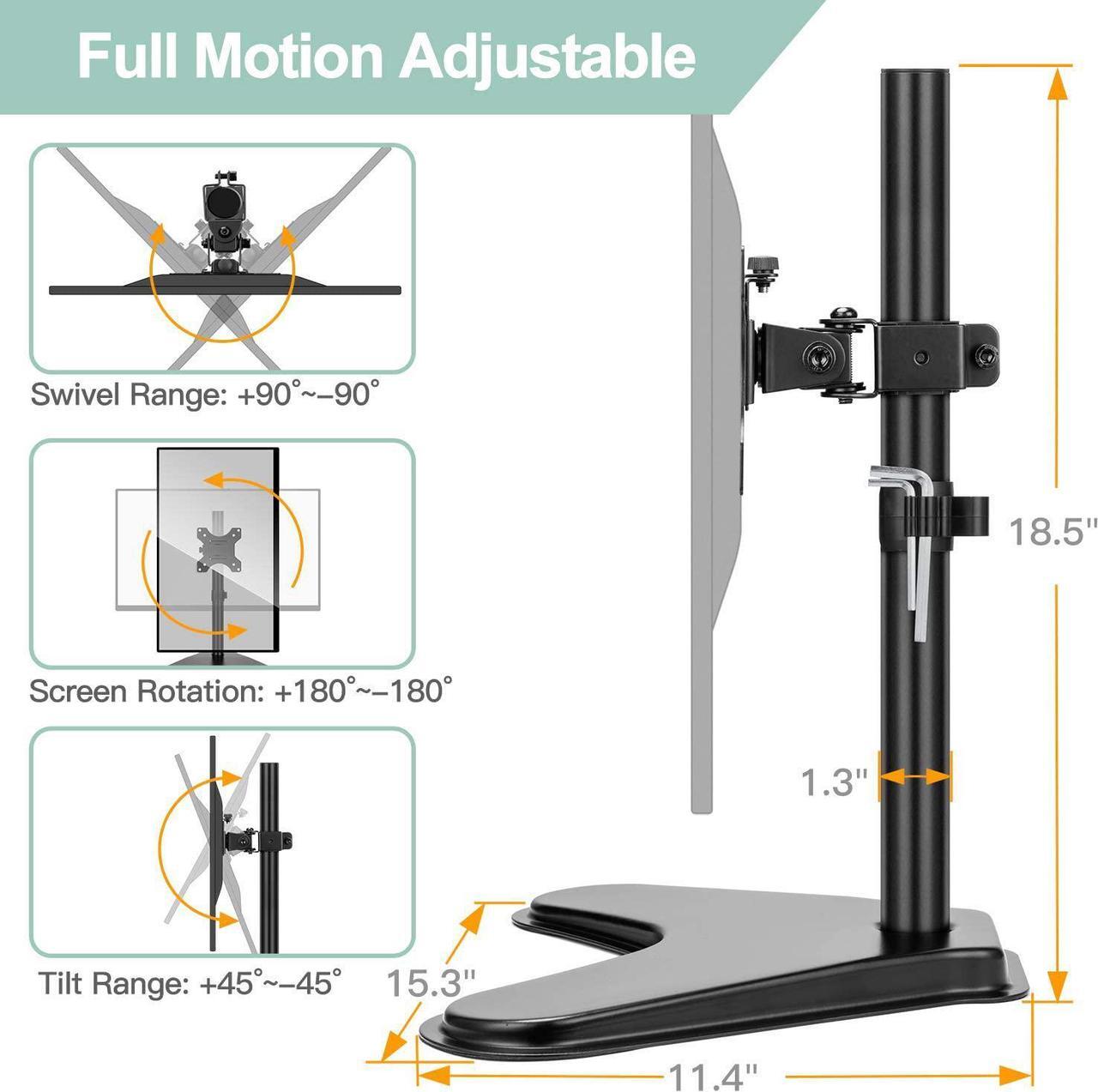 Alt view image 3 of 7 - Single Monitor Mount, Monitor Arm Desk Stand for 13 to 32" Computer, Freestanding Heavy Duty Steel Base, Adjustable Height Full Motion Swivel VESA 75x75mm/100x100mm, Weight Holds up to 17.6 lbs