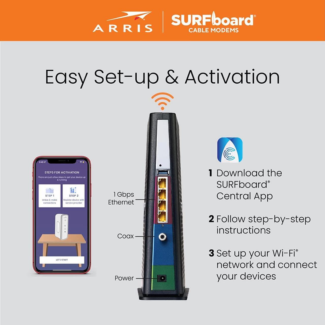 Alt view image 6 of 6 - ARRIS SURFboard SBG8300 DOCSIS 3.1 Gigabit Cable Modem & AC2350 Wi-Fi Router | Comcast Xfinity, Cox, Spectrum & more | Four 1 Gbps Ports | 1 Gbps Max Internet Speeds | 4 OFDM Channels 2 Year Warranty