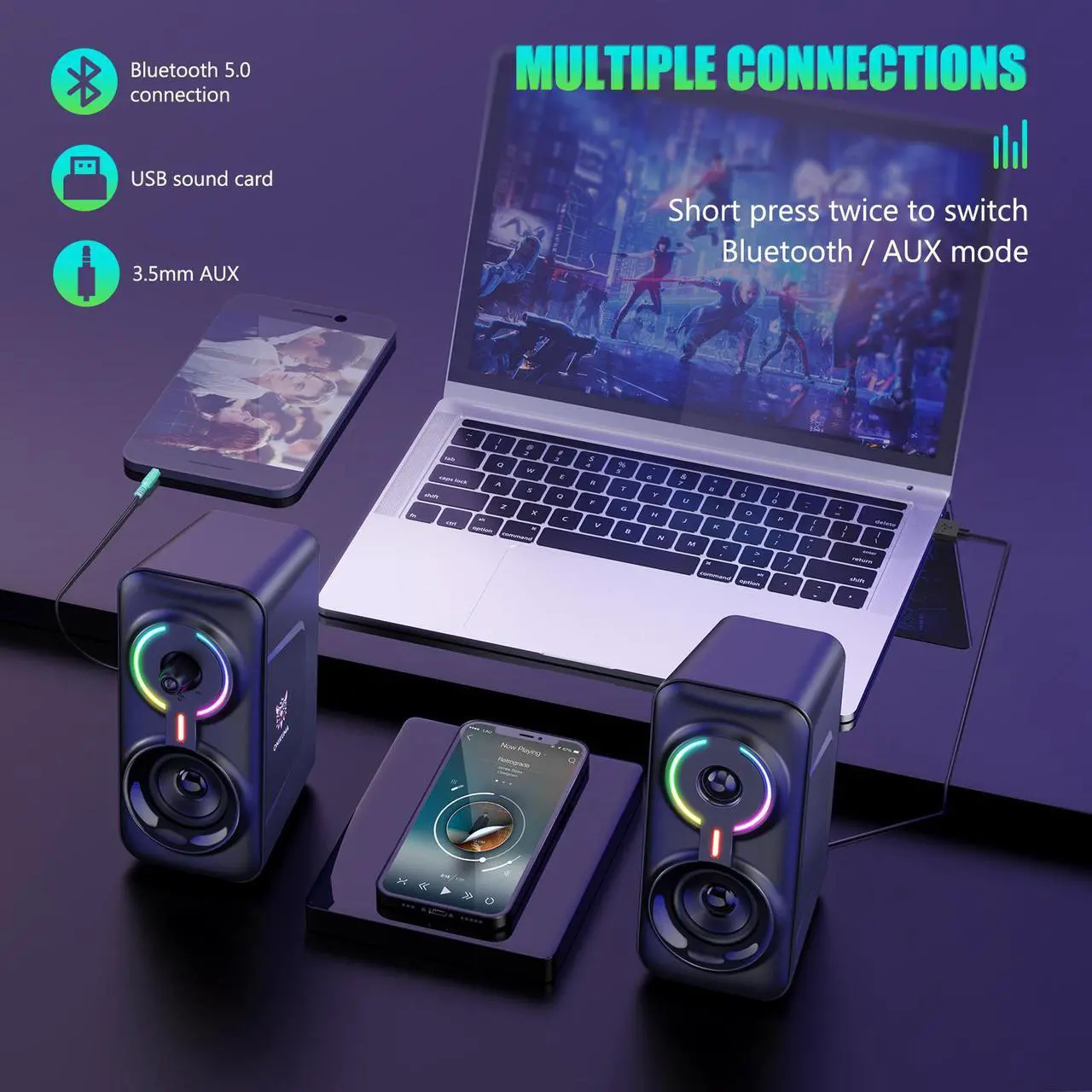 Alt view image 2 of 7 - Zhhcyyds L6 Computer Speakers for Desktop, Bluetooth/3.5mm Jack PC Speakers, RGB USB Stereo Monitor Bookshelf Speakers, Powered Gaming Speakers, Laptop Speakers Desk External for Studio Projector