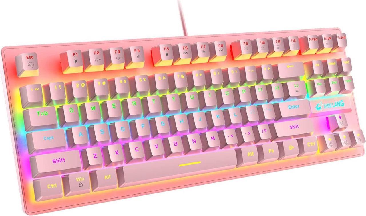 Main image of Zhhcyyds K2 Mechanical Gaming Keyboard, Wired Mini 87 Keys Blue Switch Mechanical Compact Keyboard with 8 Rainbow Backlit Mode,12 Multimedia Button, 29 Keys Anti-ghosting for Gamers and Typists Pink