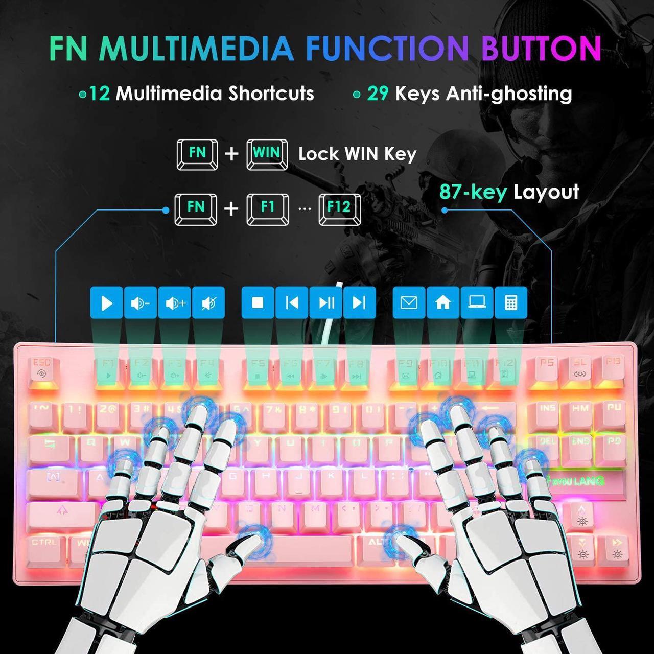 Alt view image 7 of 7 - Zhhcyyds K2 Mechanical Gaming Keyboard, Wired Mini 87 Keys Blue Switch Mechanical Compact Keyboard with 8 Rainbow Backlit Mode,12 Multimedia Button, 29 Keys Anti-ghosting for Gamers and Typists Pink