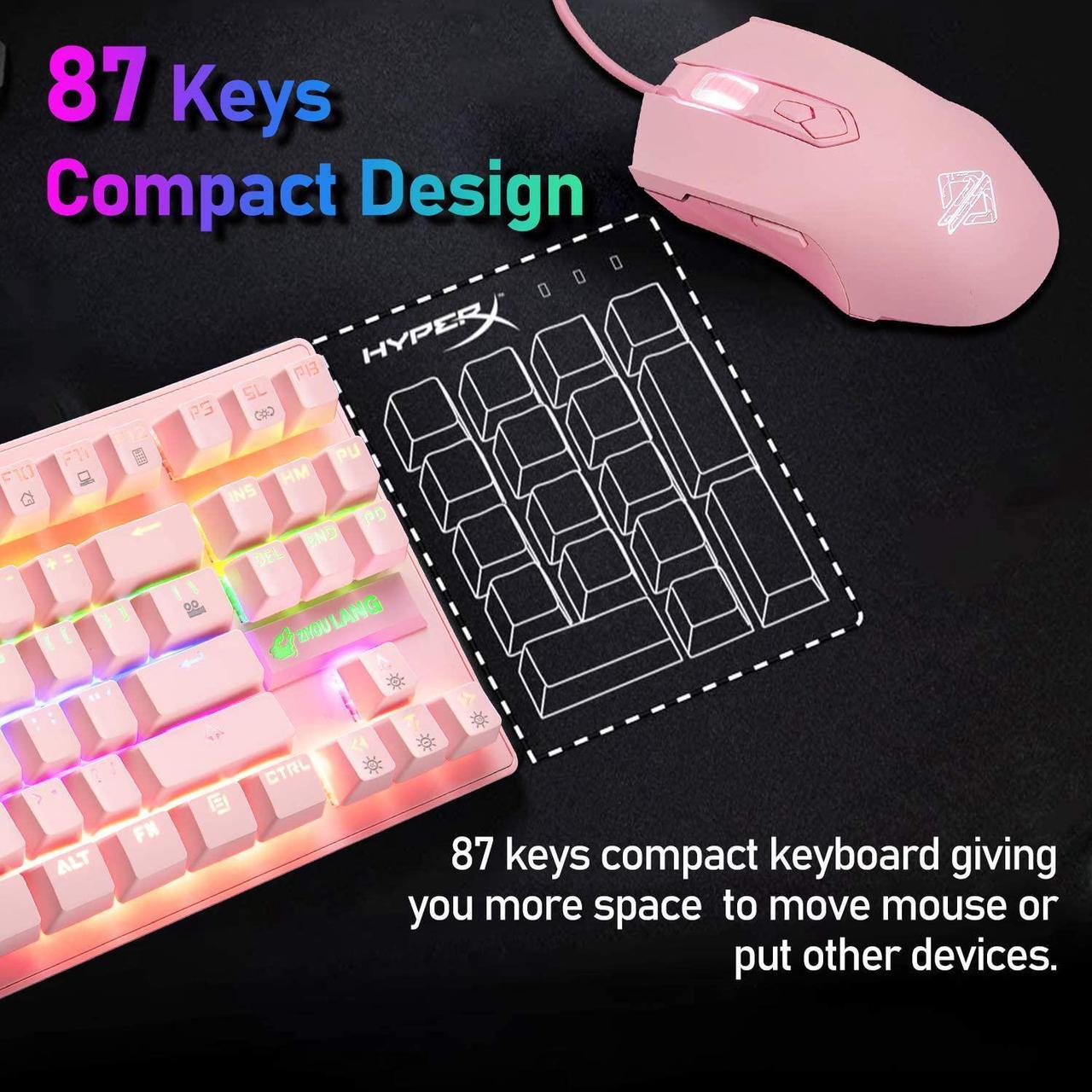Alt view image 6 of 7 - Zhhcyyds K2 Mechanical Gaming Keyboard, Wired Mini 87 Keys Blue Switch Mechanical Compact Keyboard with 8 Rainbow Backlit Mode,12 Multimedia Button, 29 Keys Anti-ghosting for Gamers and Typists Pink