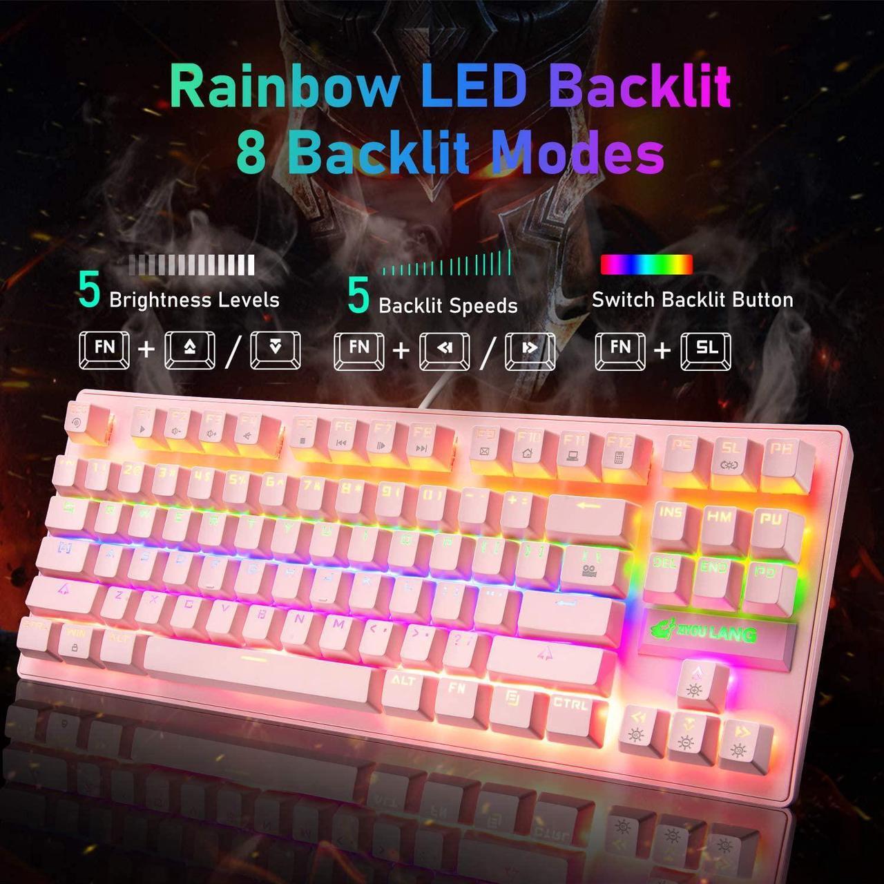 Alt view image 3 of 7 - Zhhcyyds K2 Mechanical Gaming Keyboard, Wired Mini 87 Keys Blue Switch Mechanical Compact Keyboard with 8 Rainbow Backlit Mode,12 Multimedia Button, 29 Keys Anti-ghosting for Gamers and Typists Pink