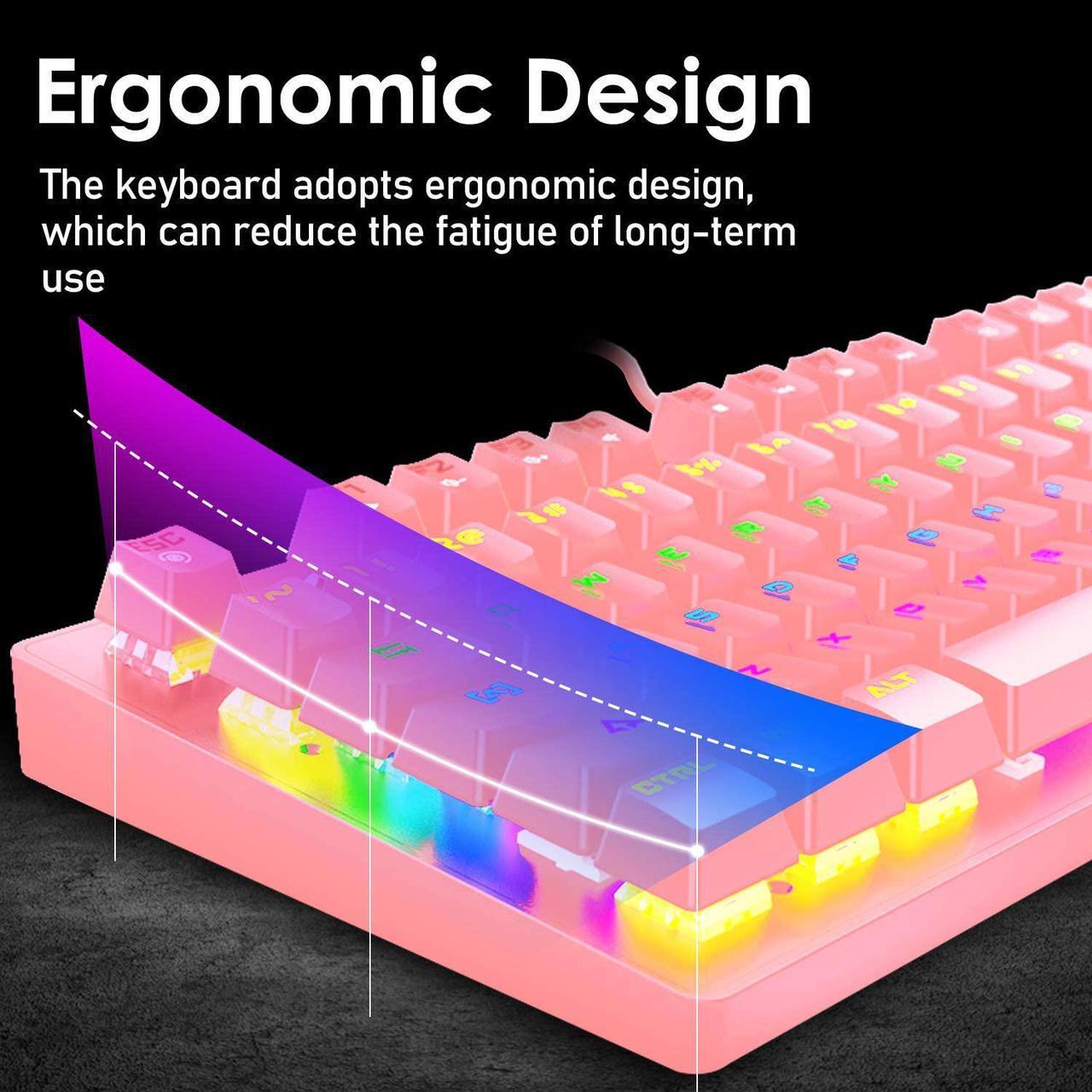 Alt view image 5 of 7 - Zhhcyyds K2 Mechanical Gaming Keyboard, Wired Mini 87 Keys Blue Switch Mechanical Compact Keyboard with 8 Rainbow Backlit Mode,12 Multimedia Button, 29 Keys Anti-ghosting for Gamers and Typists Pink