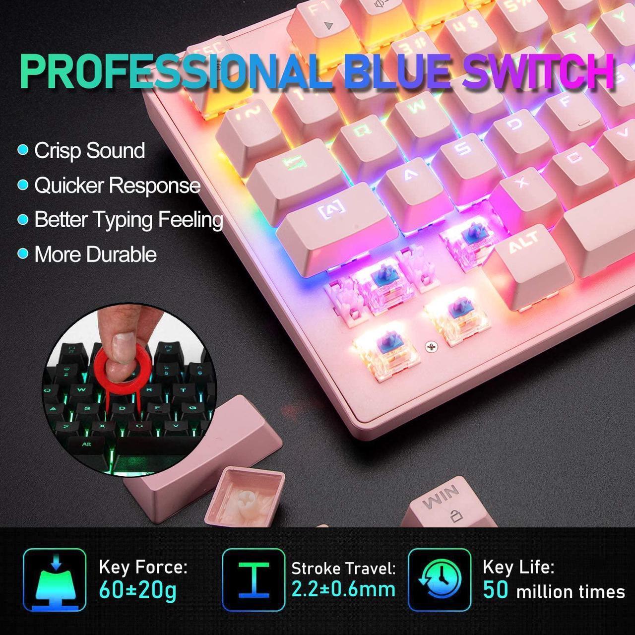 Alt view image 4 of 7 - Zhhcyyds K2 Mechanical Gaming Keyboard, Wired Mini 87 Keys Blue Switch Mechanical Compact Keyboard with 8 Rainbow Backlit Mode,12 Multimedia Button, 29 Keys Anti-ghosting for Gamers and Typists Pink