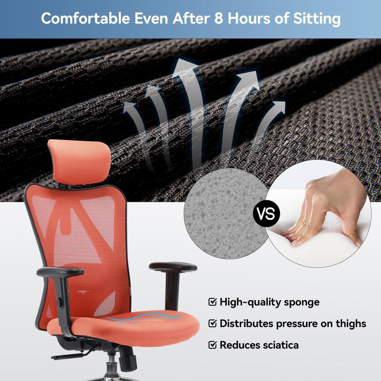 Alt view image 3 of 7 - SIHOO Ergonomic Desk Chair, Computer Chair with Breathable Mesh Design Adjustable Headrest and Lumbar Support High Back Chair, Orange