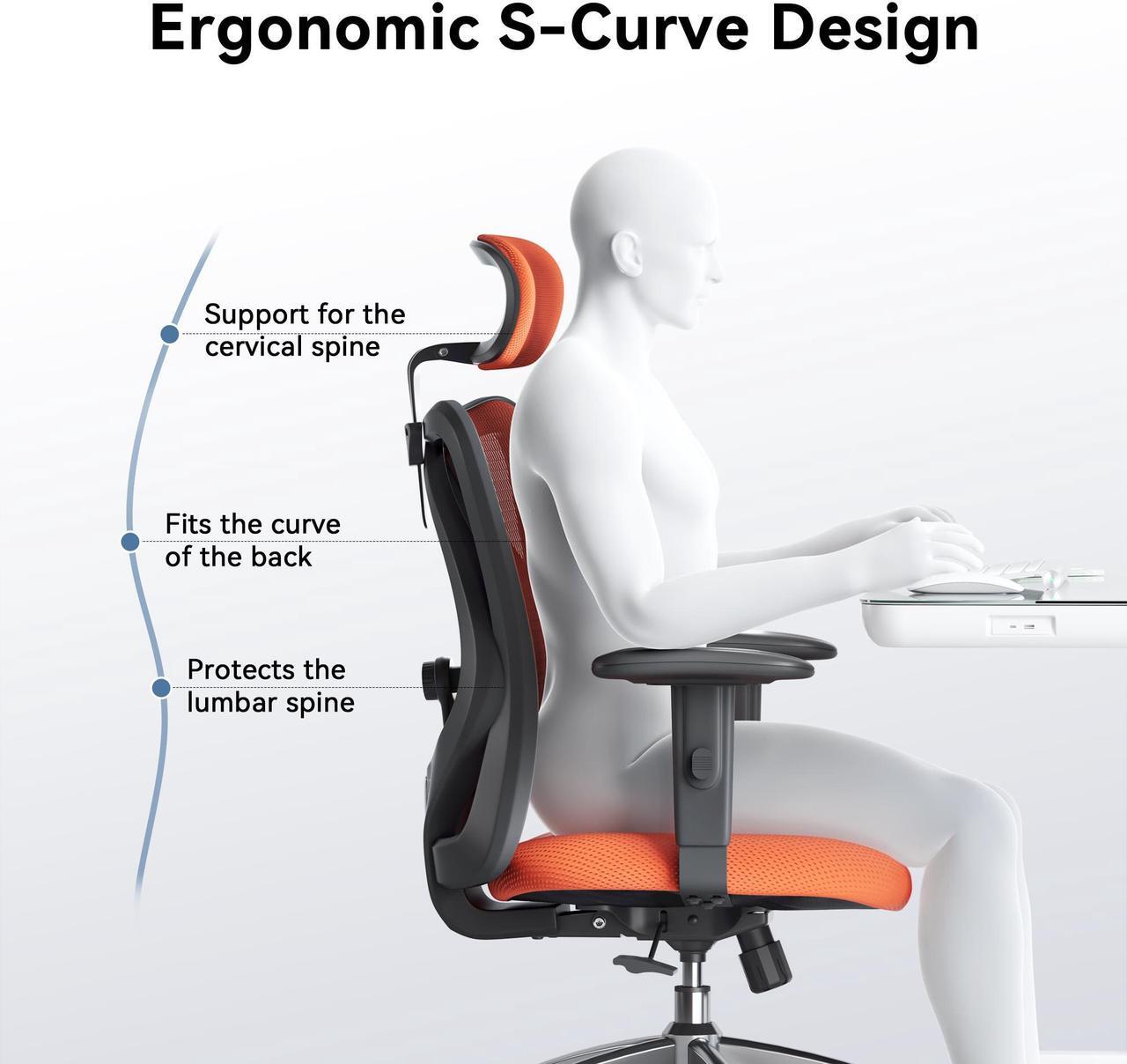 Alt view image 4 of 7 - SIHOO Ergonomic Desk Chair, Computer Chair with Breathable Mesh Design Adjustable Headrest and Lumbar Support High Back Chair, Orange