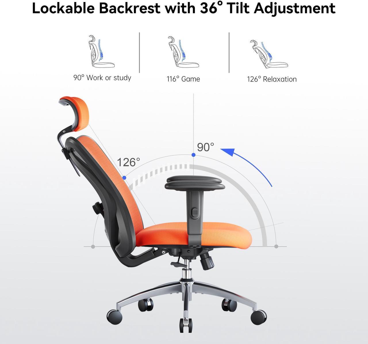 Alt view image 5 of 7 - SIHOO Ergonomic Desk Chair, Computer Chair with Breathable Mesh Design Adjustable Headrest and Lumbar Support High Back Chair, Orange