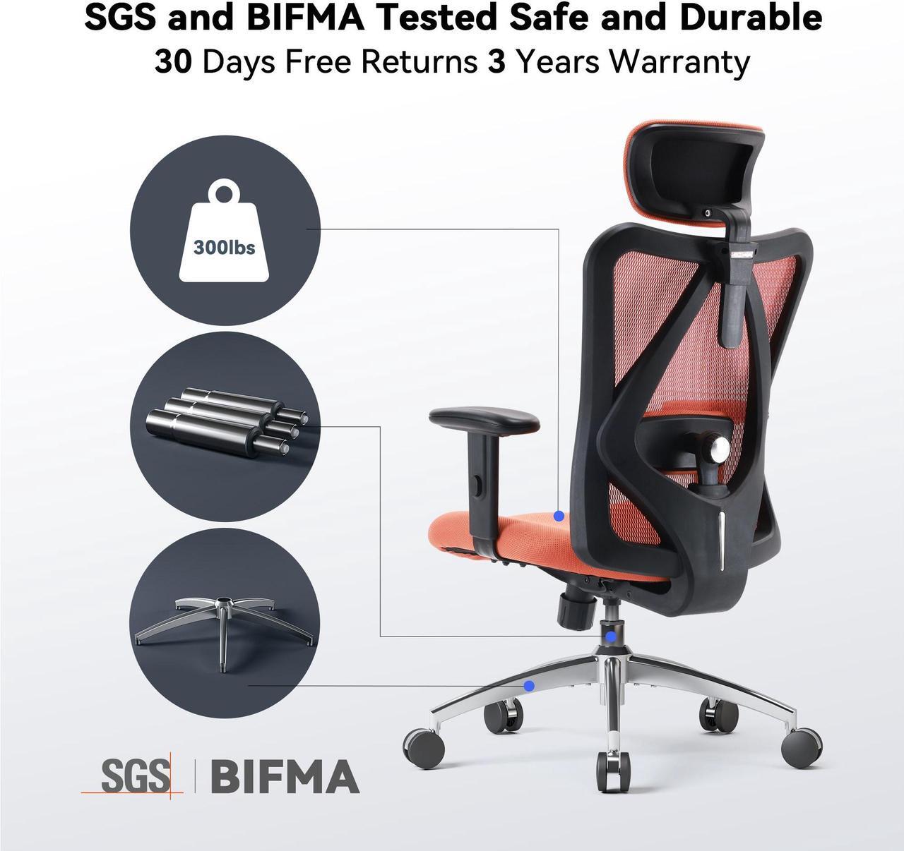 Alt view image 7 of 7 - SIHOO Ergonomic Desk Chair, Computer Chair with Breathable Mesh Design Adjustable Headrest and Lumbar Support High Back Chair, Orange