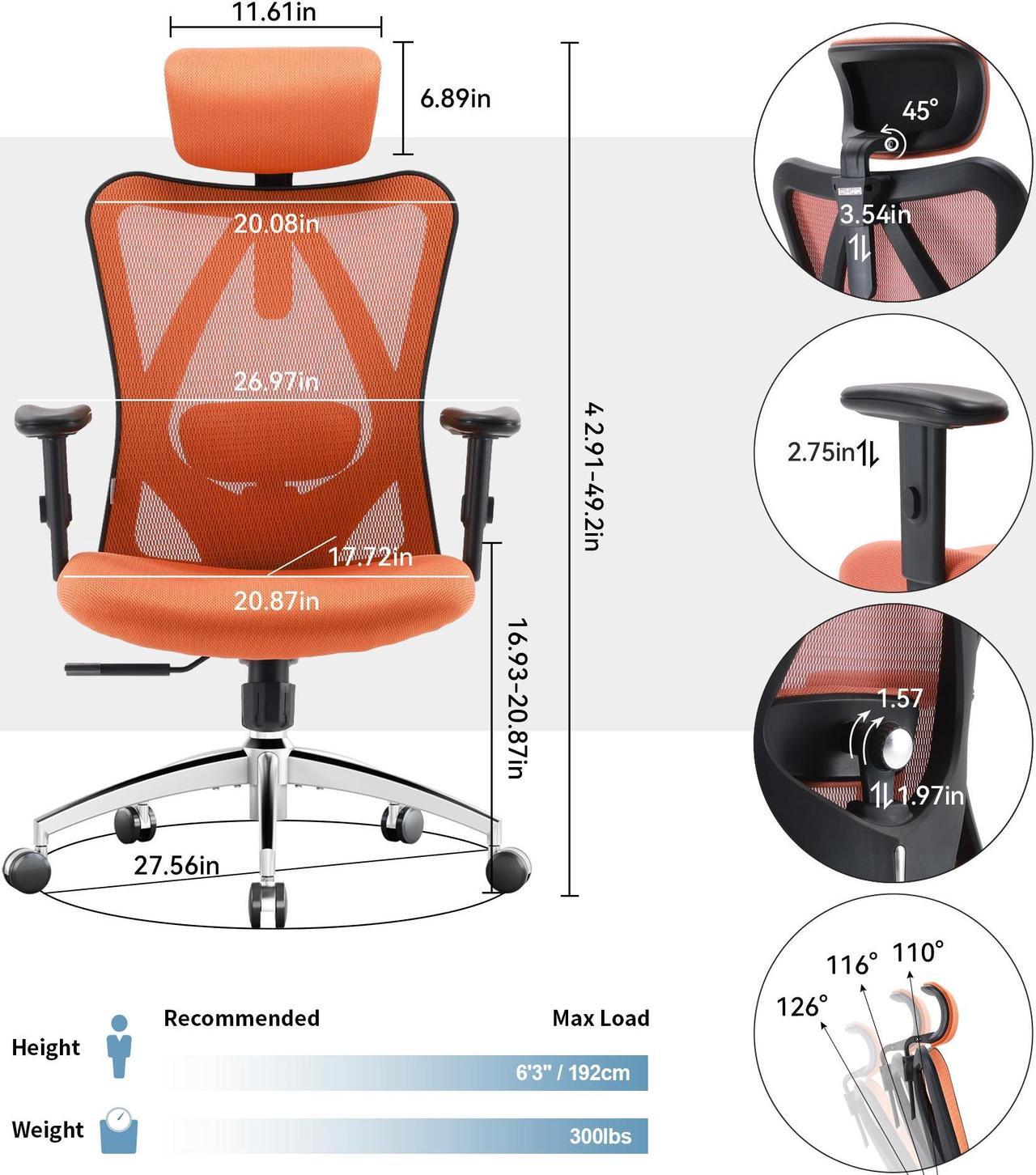Alt view image 8 of 7 - SIHOO Ergonomic Desk Chair, Computer Chair with Breathable Mesh Design Adjustable Headrest and Lumbar Support High Back Chair, Orange
