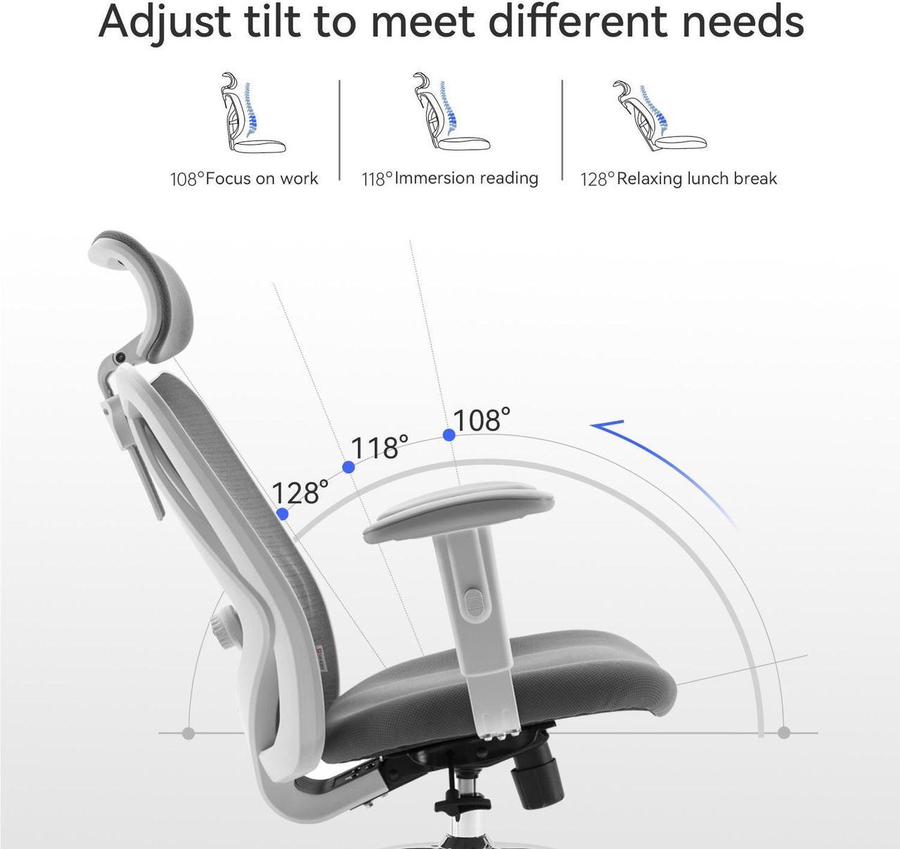Alt view image 6 of 6 - SIHOO High-Back Mesh Office Chair, Ergonomic Chair for Desk, Breathable Mesh Adjustable Headrests for Home Office, light gray