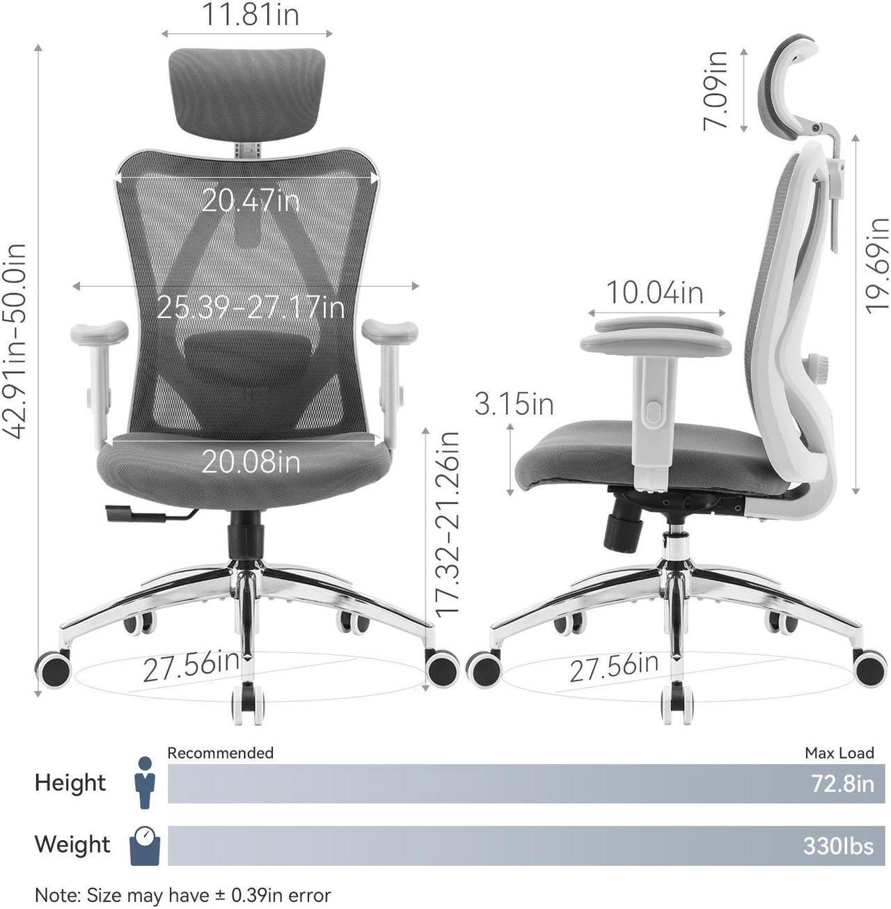 Alt view image 4 of 6 - SIHOO High-Back Mesh Office Chair, Ergonomic Chair for Desk, Breathable Mesh Adjustable Headrests for Home Office, light gray