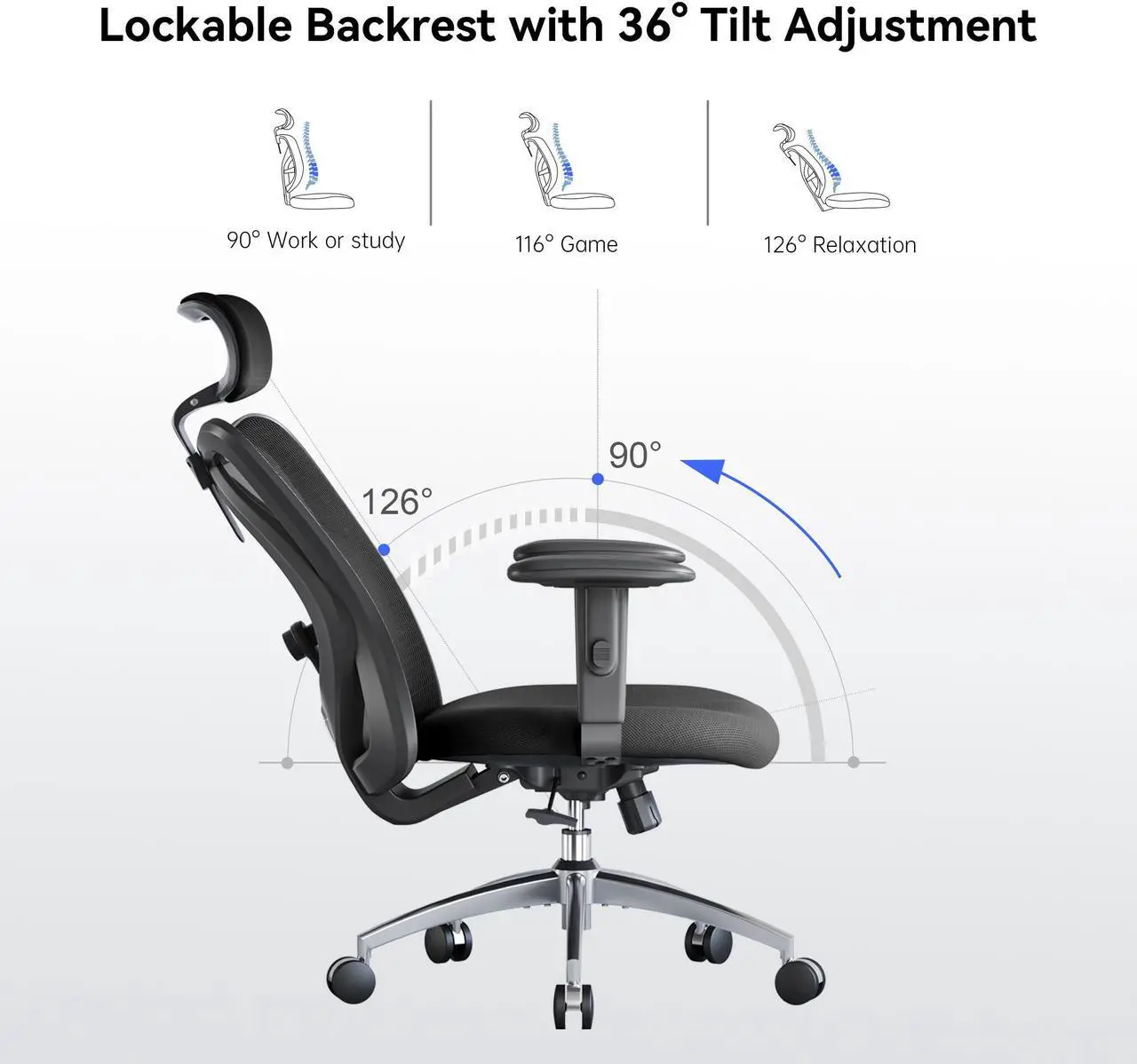 Alt view image 12 of 14 - SIHOO High-Back Mesh Office Chair with Lumbar Support, Ergonomic Chair for Desk, Breathable Mesh Adjustable Headrests for Home Office, Black