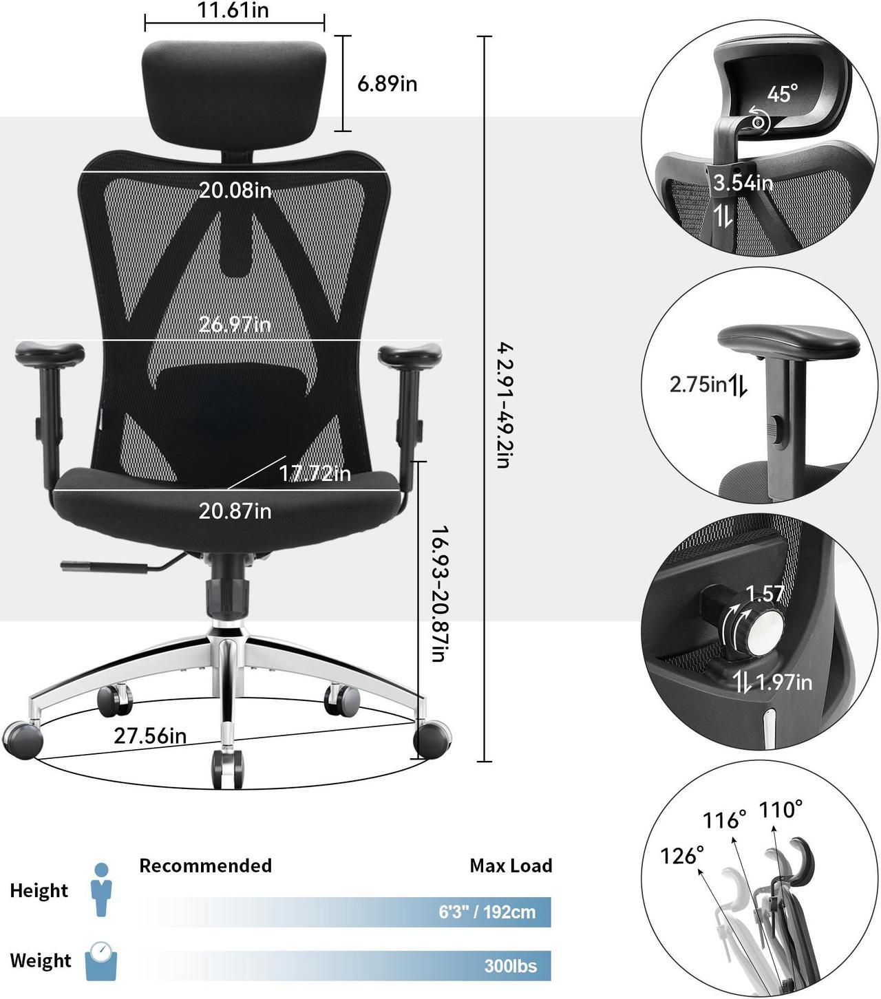 Alt view image 15 of 14 - SIHOO High-Back Mesh Office Chair with Lumbar Support, Ergonomic Chair for Desk, Breathable Mesh Adjustable Headrests for Home Office, Black
