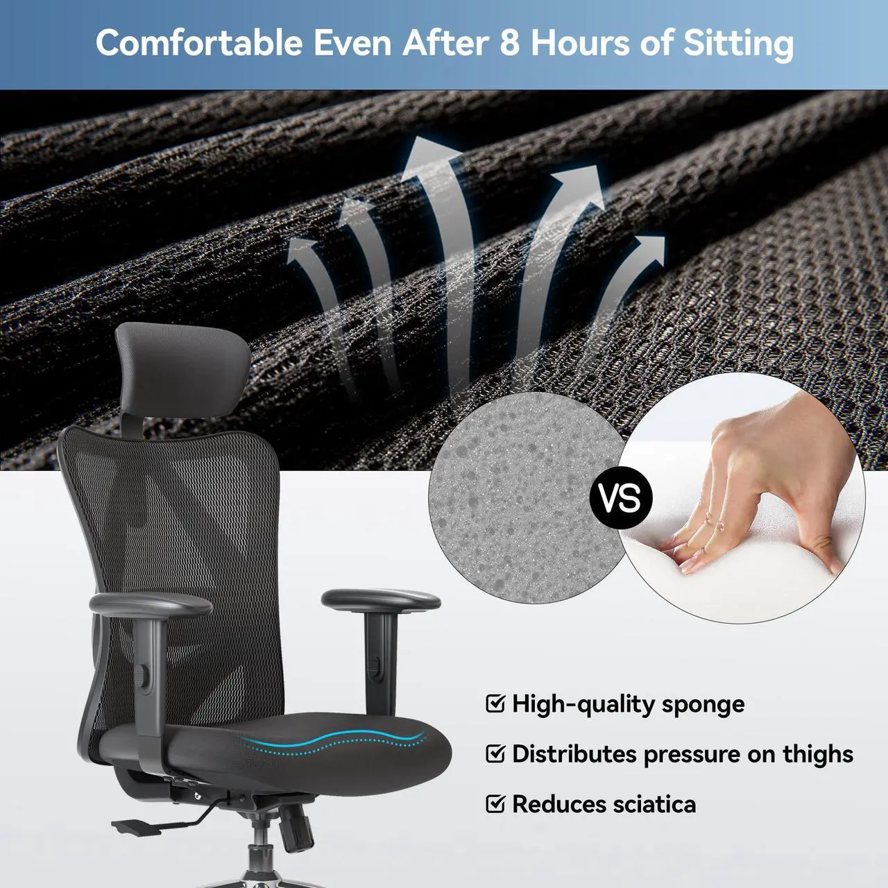 Alt view image 11 of 14 - SIHOO High-Back Mesh Office Chair with Lumbar Support, Ergonomic Chair for Desk, Breathable Mesh Adjustable Headrests for Home Office, Black