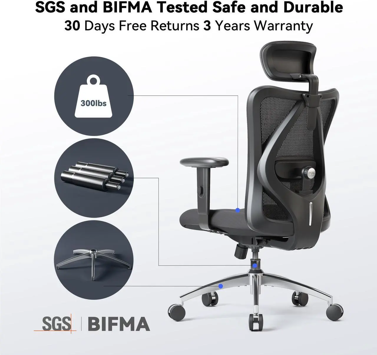 Alt view image 14 of 14 - SIHOO High-Back Mesh Office Chair with Lumbar Support, Ergonomic Chair for Desk, Breathable Mesh Adjustable Headrests for Home Office, Black
