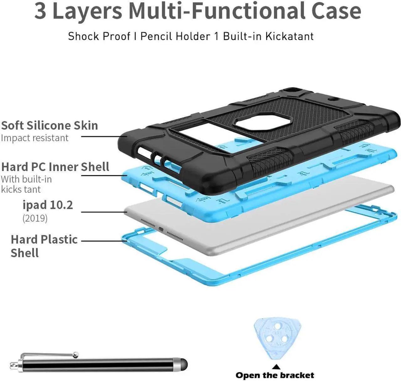 Alt view image 3 of 6 - JIACHARMED For Apple iPad 9th/8th/7th Generation Case 10.2 inch Hybrid Shockproof Heavy Duty Rugged Stand Case Protective Cover with Screen Protector & Stylus Pencil. Blue