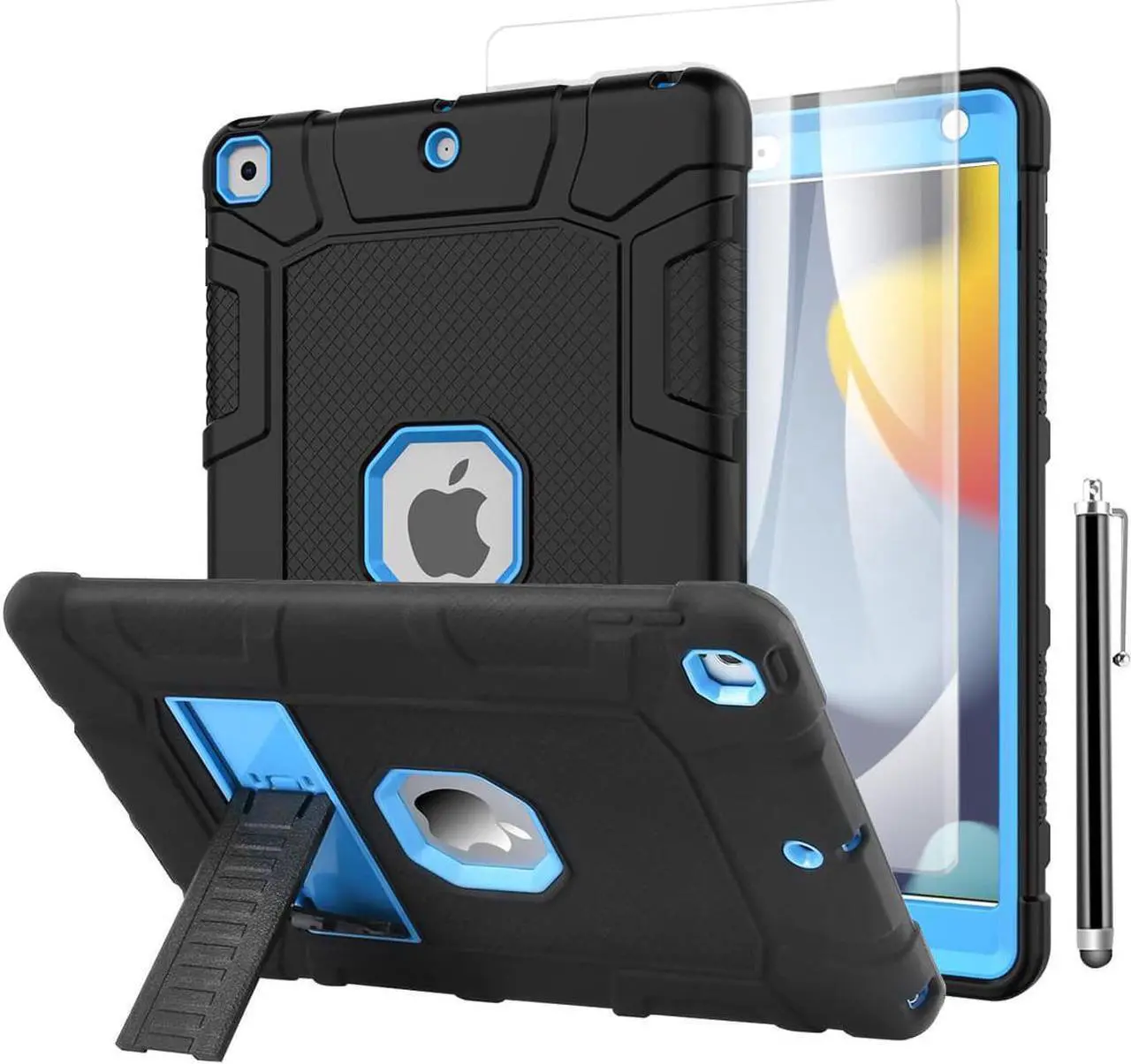 Alt view image 2 of 6 - JIACHARMED For Apple iPad 9th/8th/7th Generation Case 10.2 inch Hybrid Shockproof Heavy Duty Rugged Stand Case Protective Cover with Screen Protector & Stylus Pencil. Blue